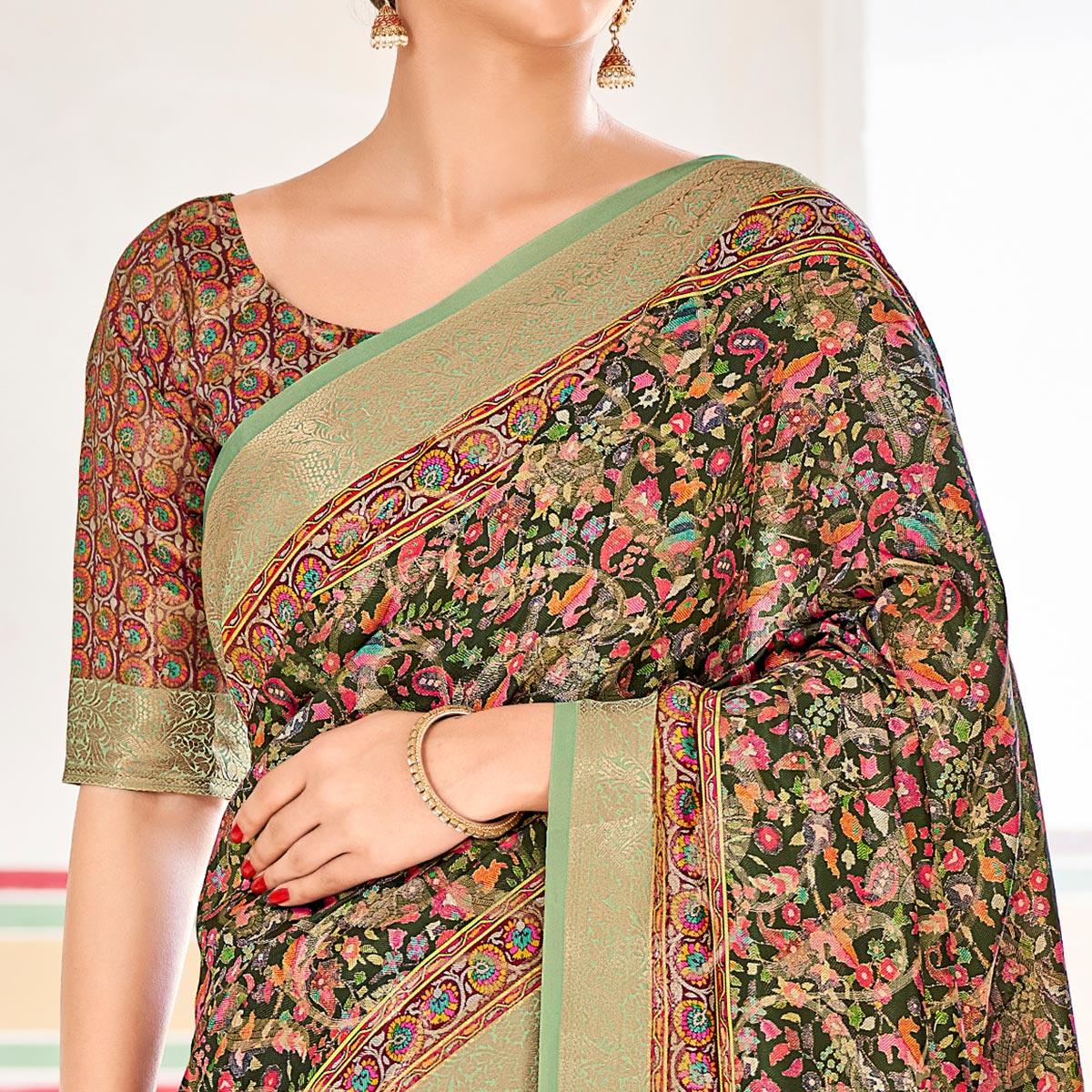 Green Woven Art Silk Saree With Tassels - Peachmode