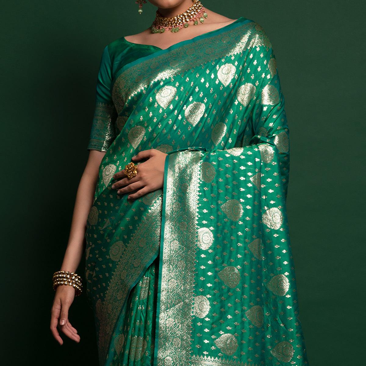 Green Woven Art Silk Saree With Tassels - Peachmode