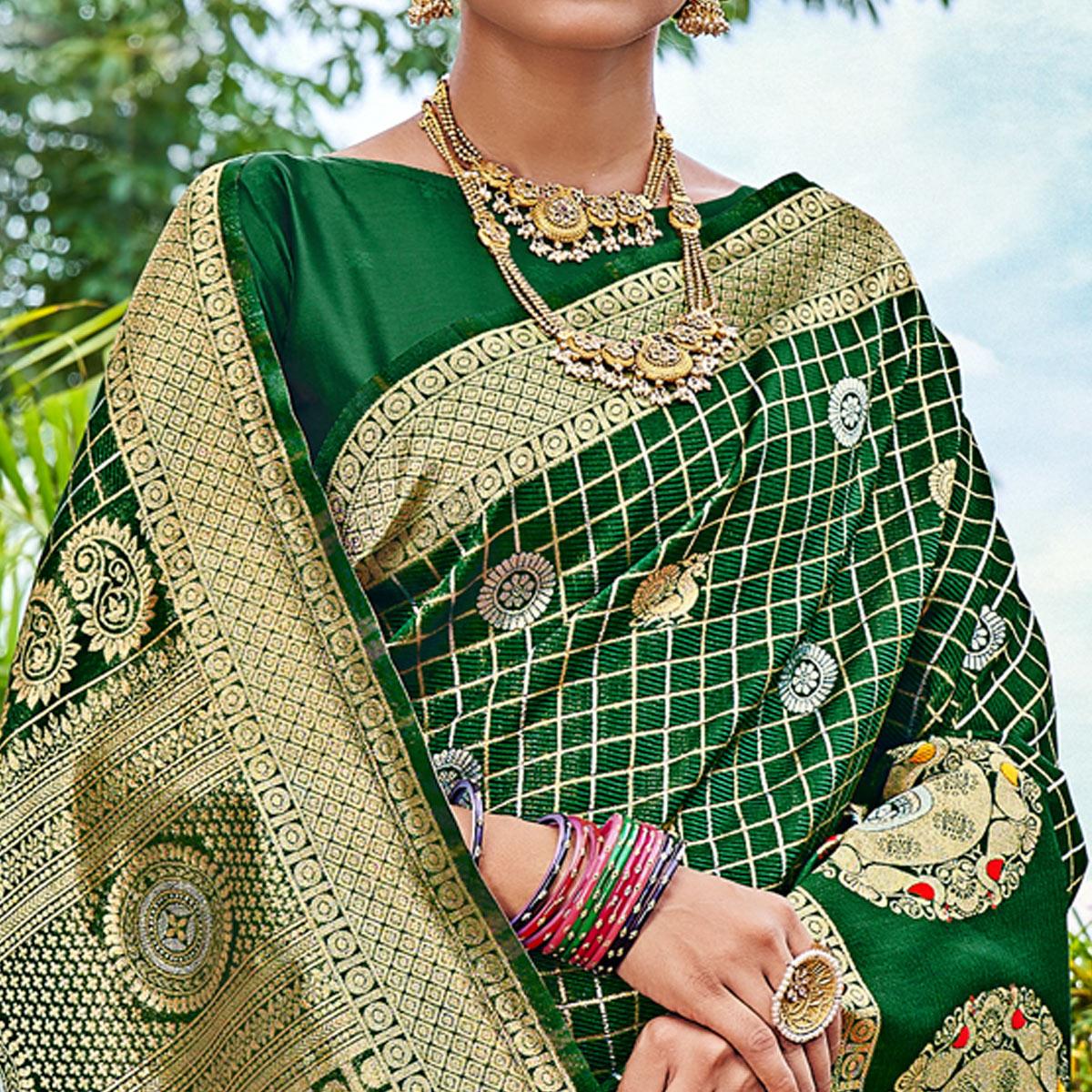 Green Woven Art Silk Saree With Tassels - Peachmode