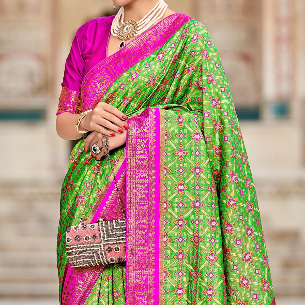 Green Woven Art Silk Saree With Tassels - Peachmode