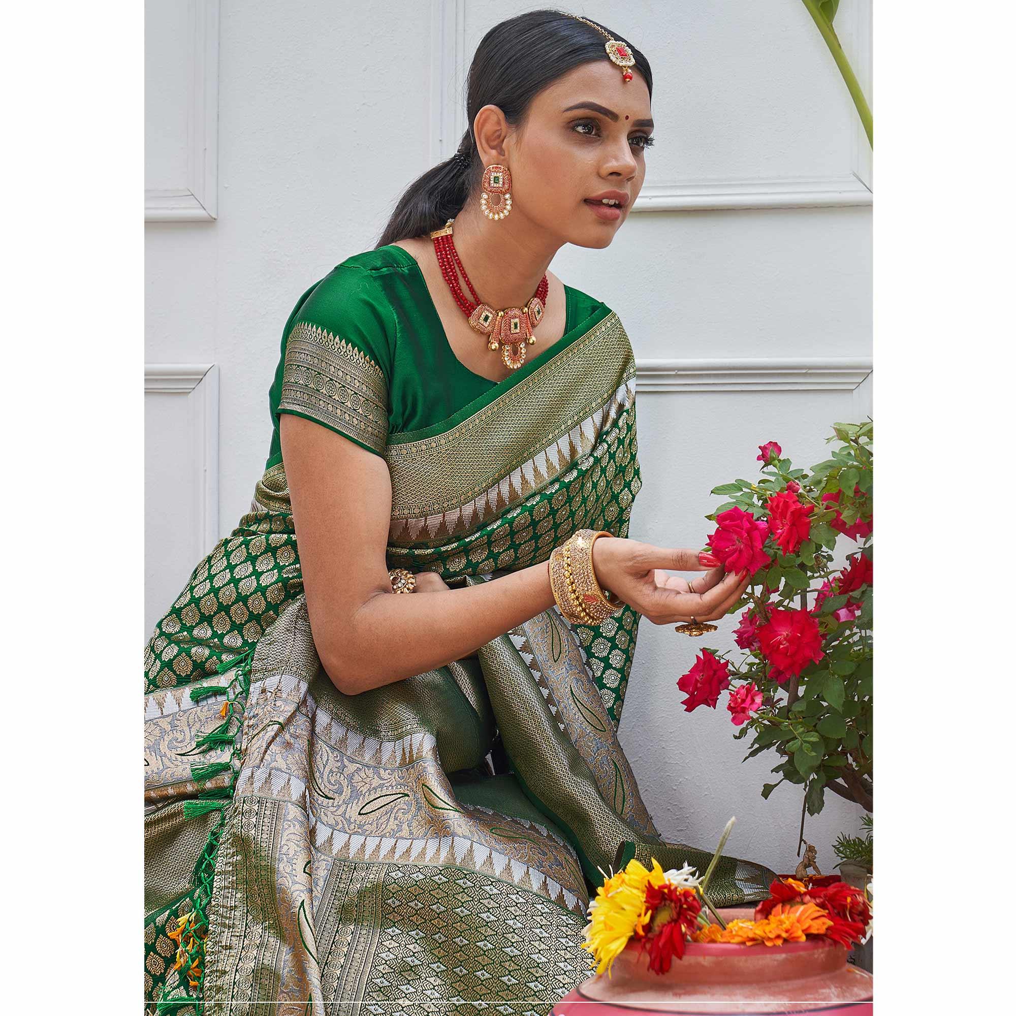 Green Woven Art Silk Saree With Tassels - Peachmode