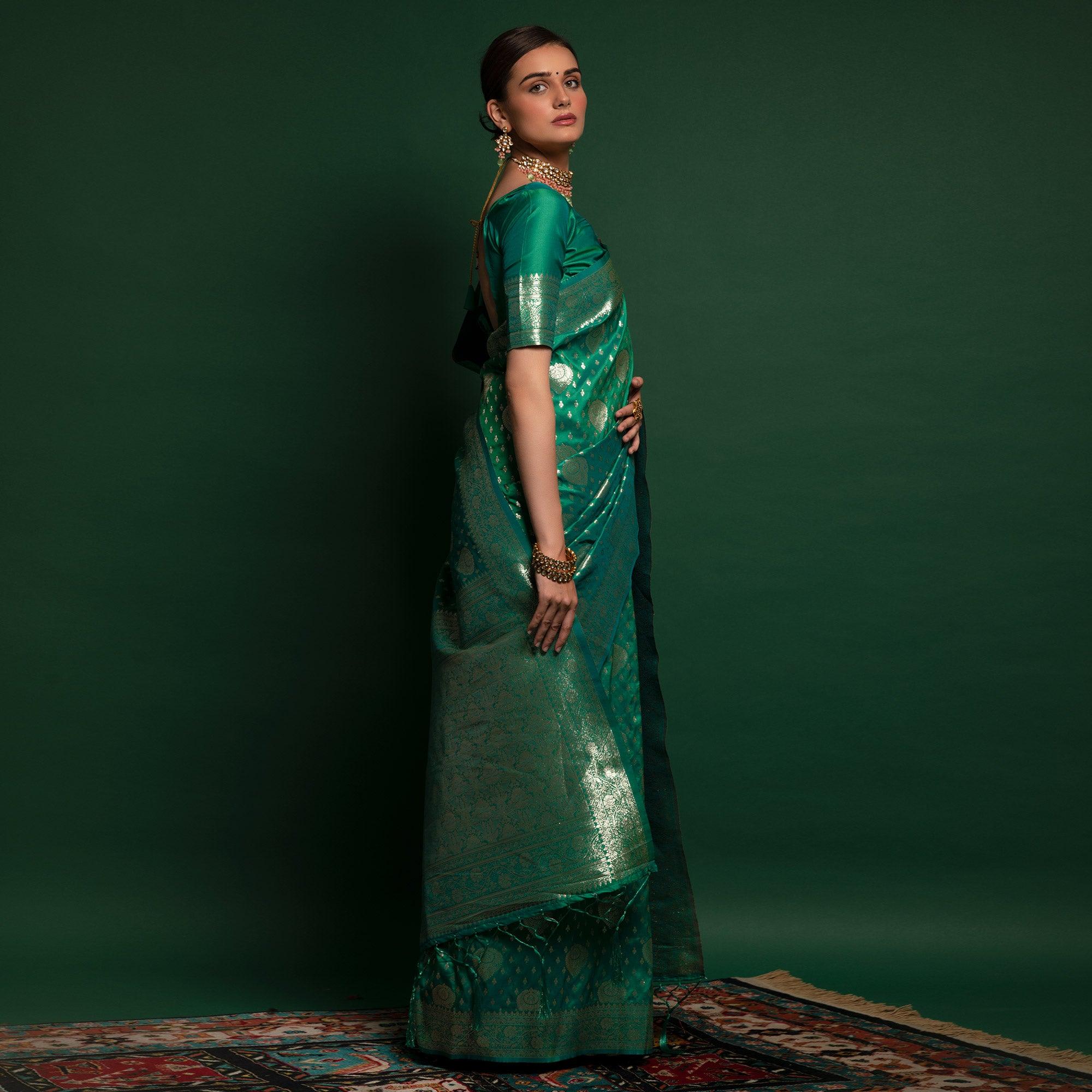 Green Woven Art Silk Saree With Tassels - Peachmode