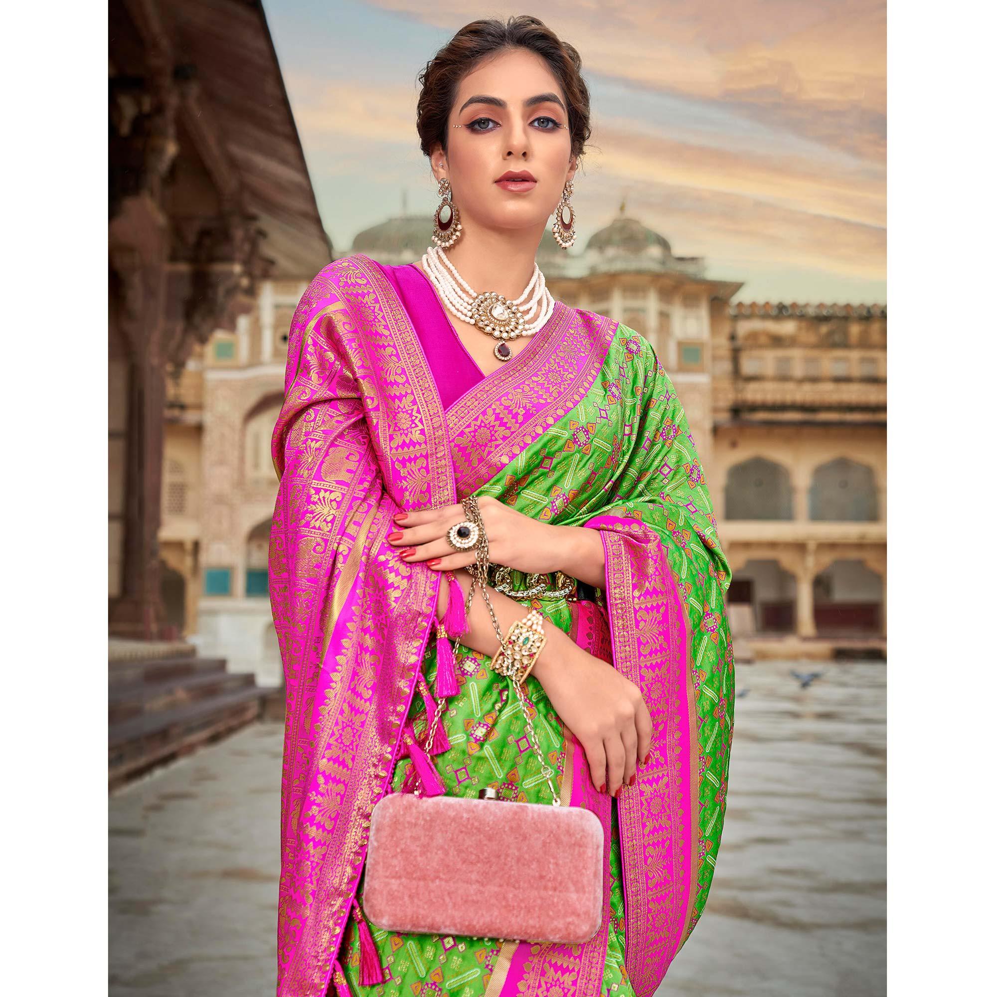 Green Woven Art Silk Saree With Tassels - Peachmode