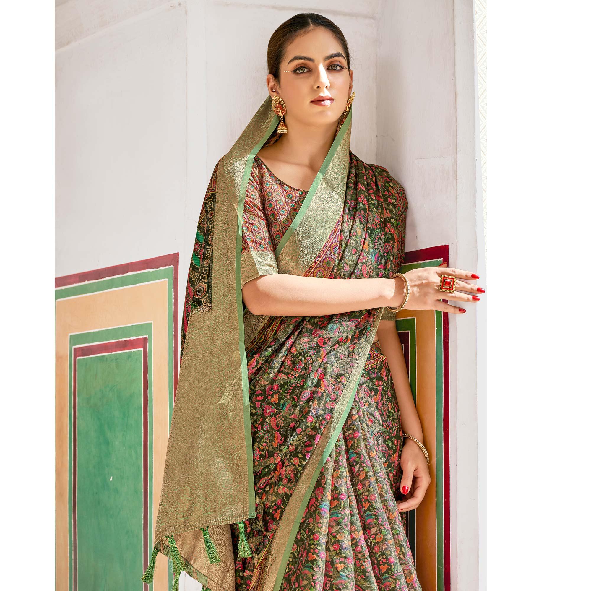 Green Woven Art Silk Saree With Tassels - Peachmode