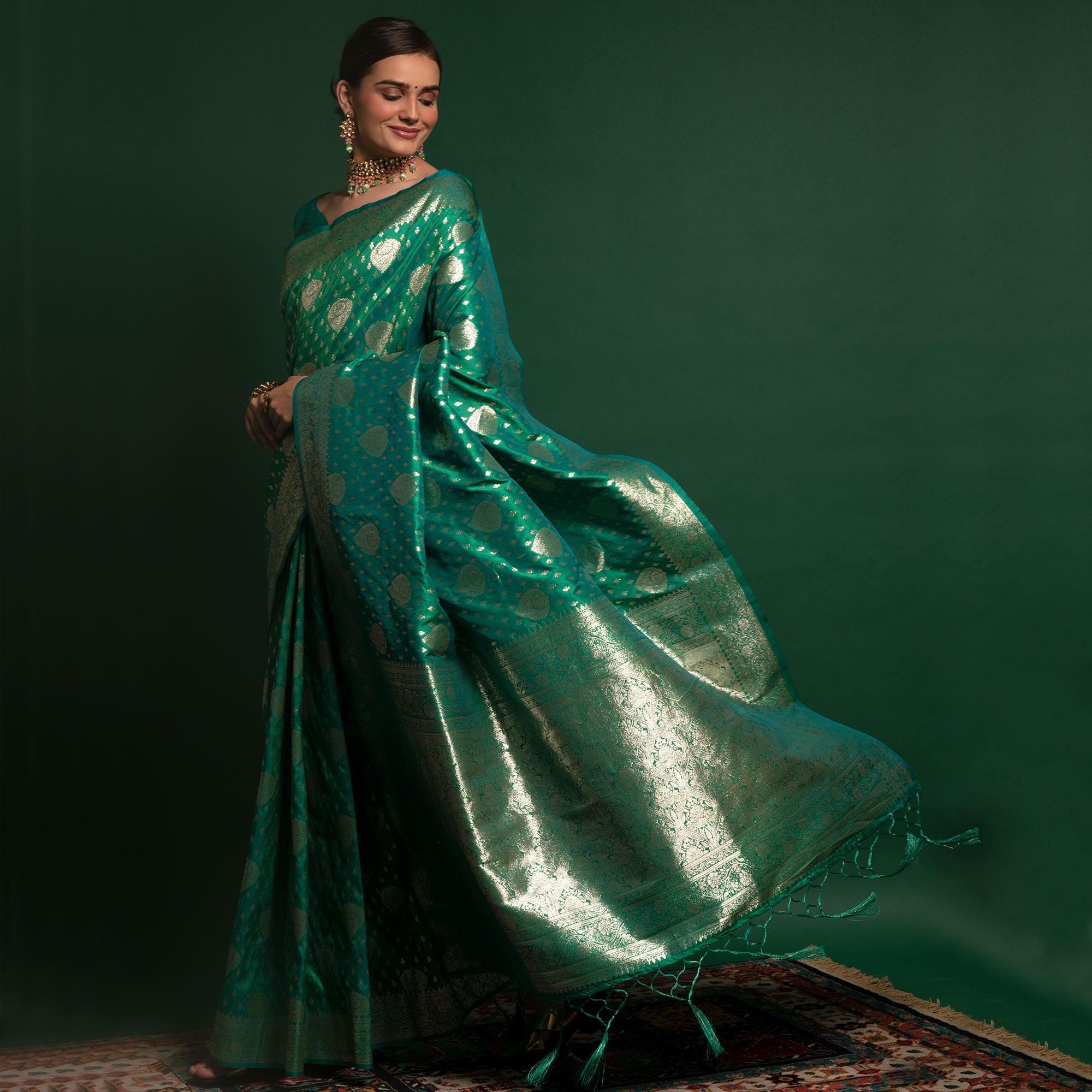 Green Woven Art Silk Saree With Tassels - Peachmode