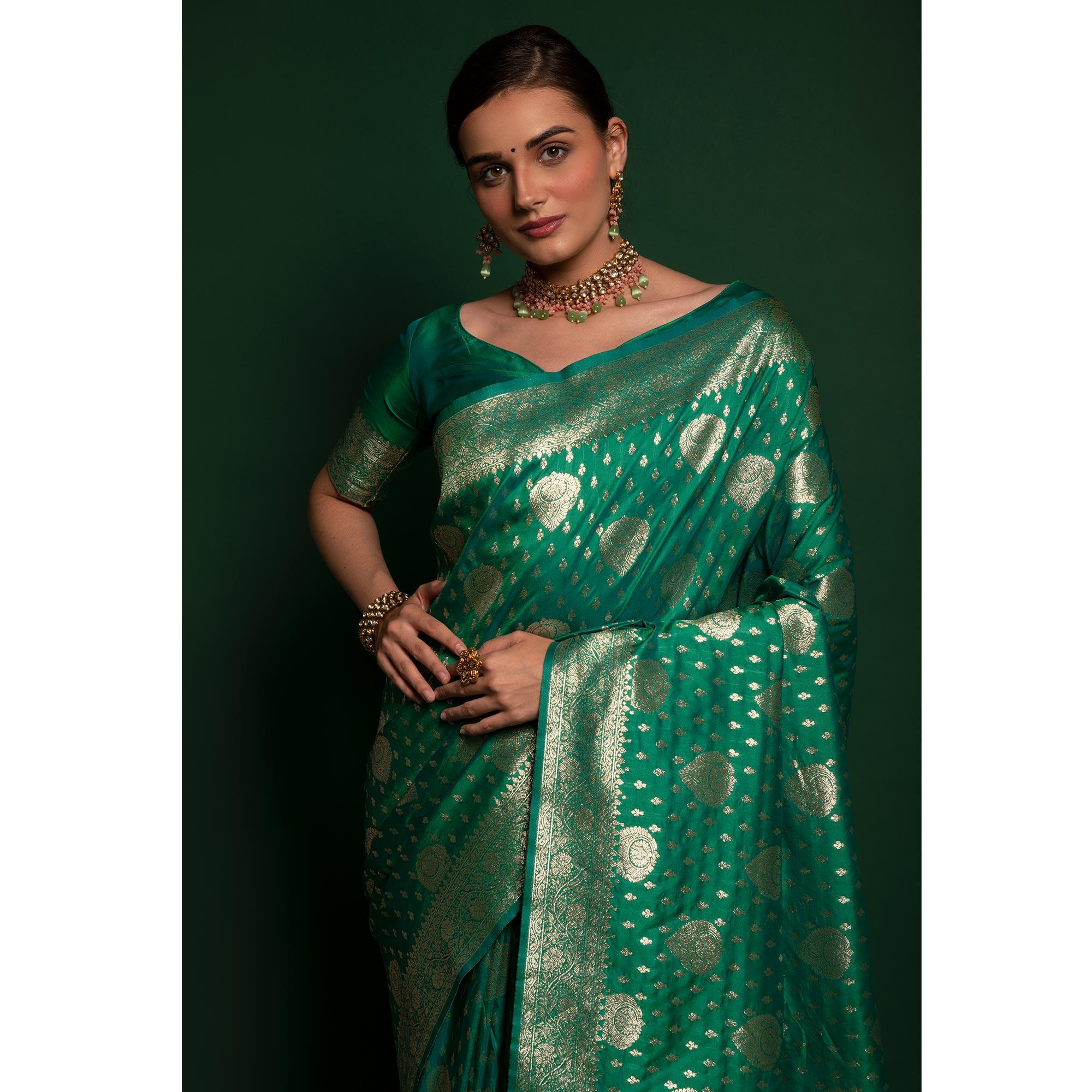 Green Woven Art Silk Saree With Tassels - Peachmode