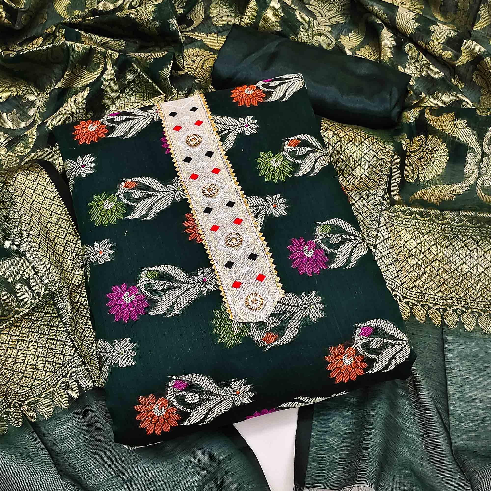 Green Woven Banarasi Dress Material - Peachmode