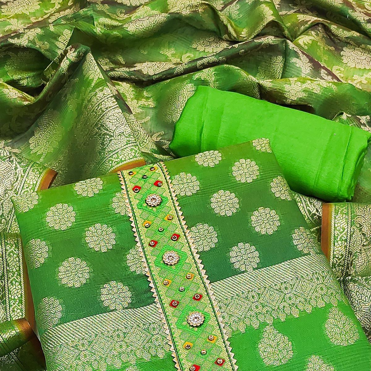 Green Woven Banarasi Dress Material - Peachmode