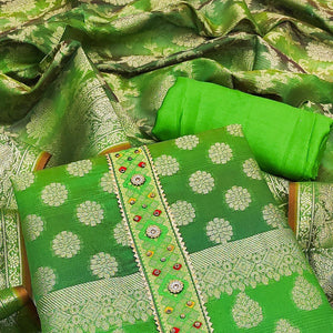 Green Woven Banarasi Dress Material - Peachmode