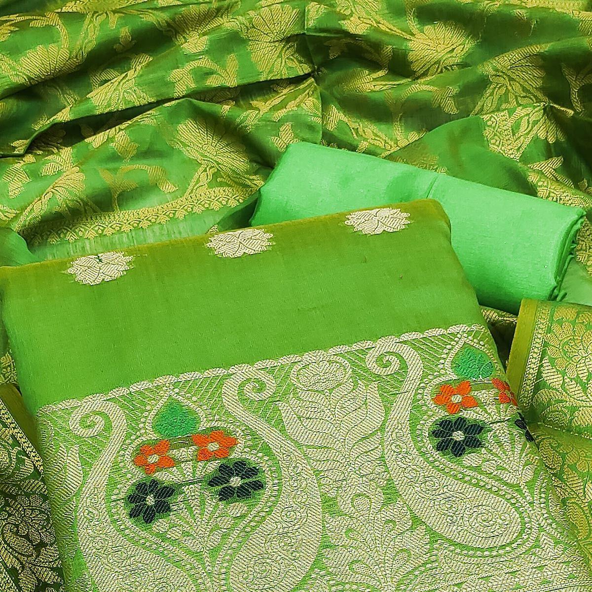 Green Woven Banarasi Dress Material - Peachmode