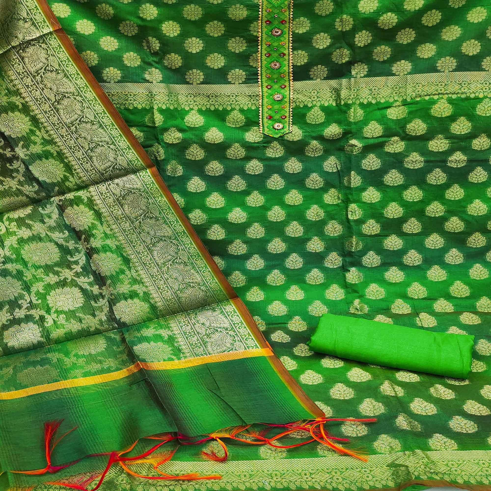 Green Woven Banarasi Dress Material - Peachmode