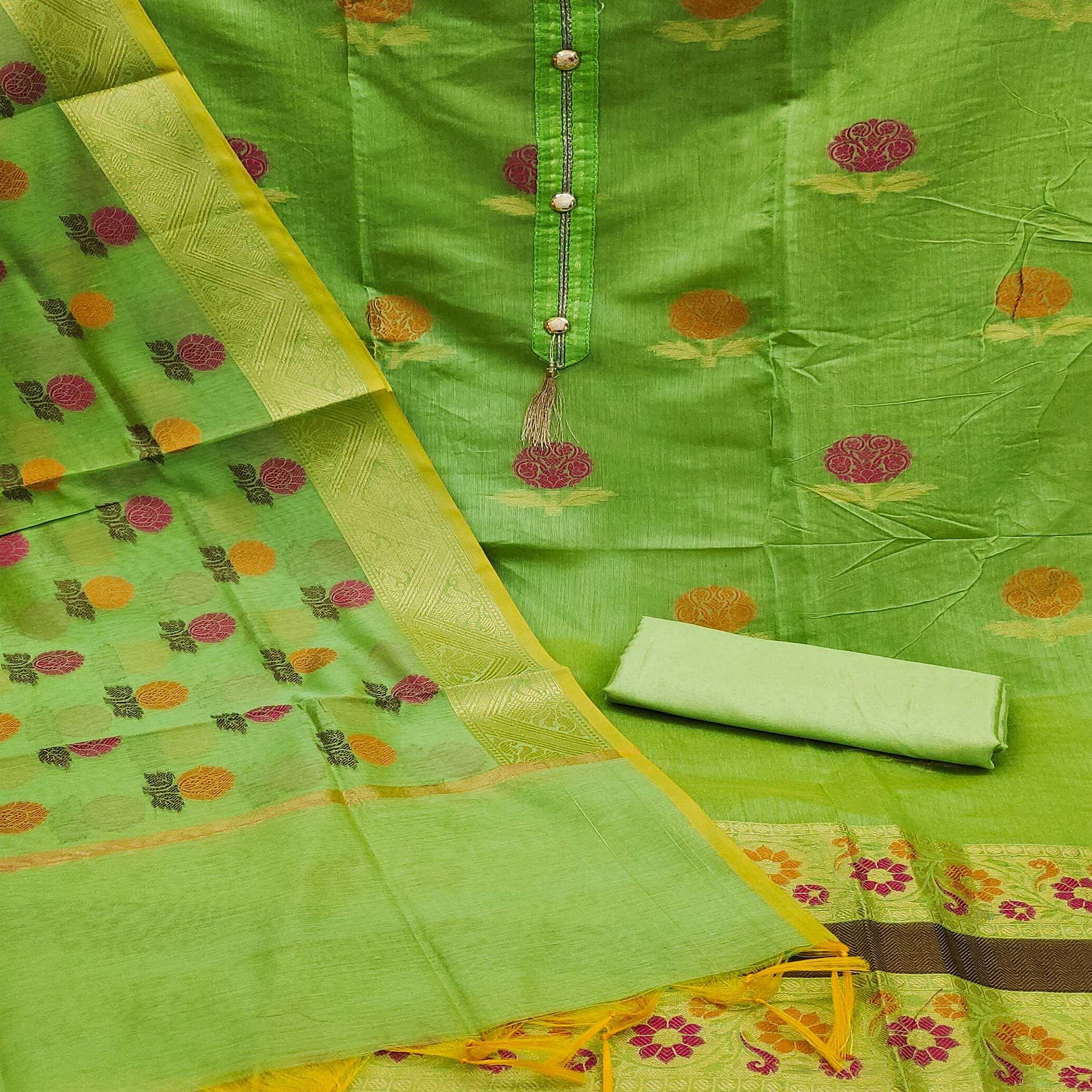Green Woven Banarasi Jacqaurd Dress Material - Peachmode