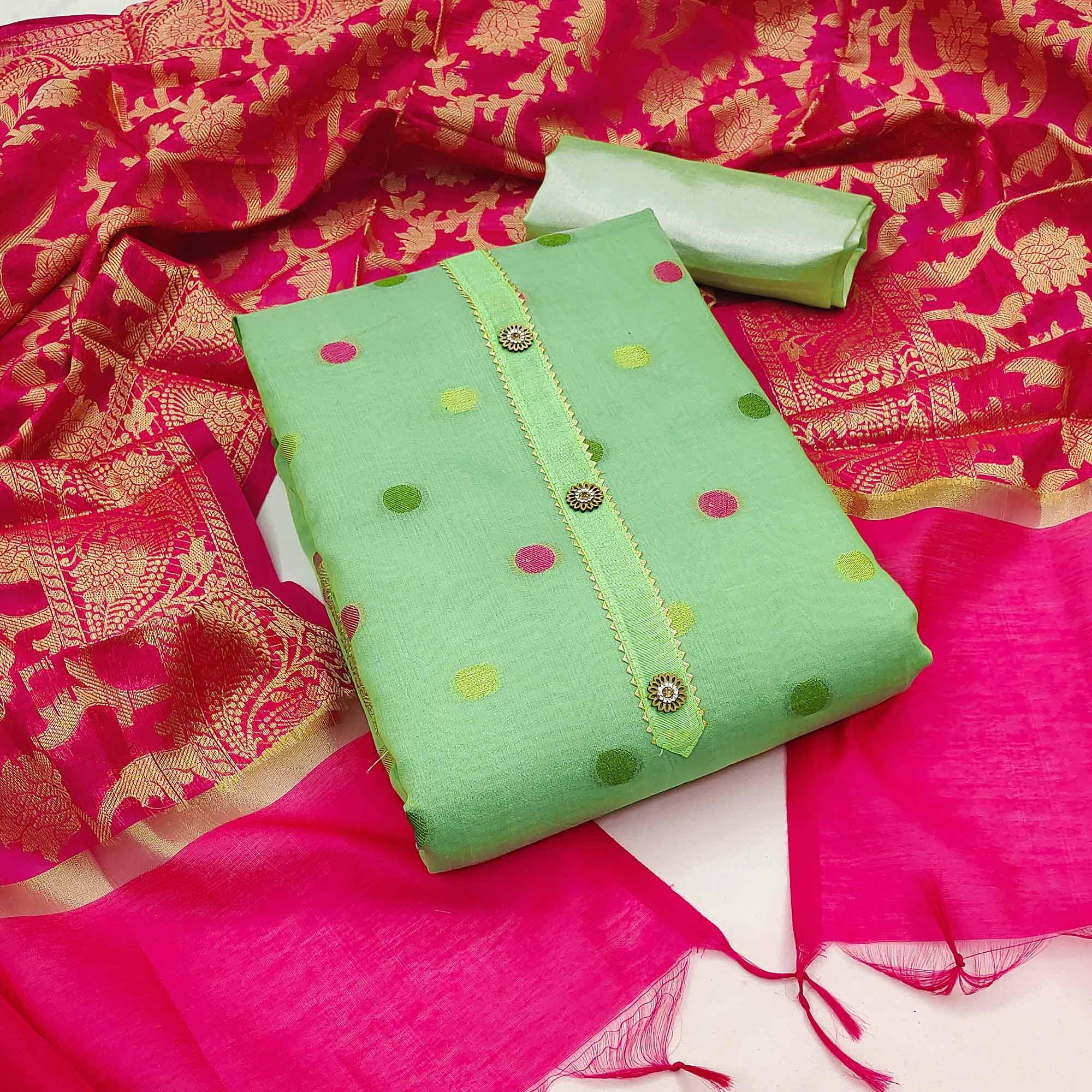 Green Woven Banarasi Silk Dress Material - Peachmode