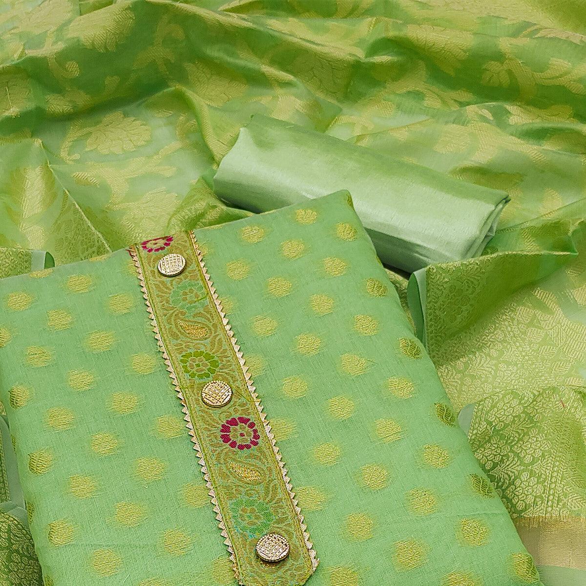 Green Woven Banarasi Silk Dress Material - Peachmode