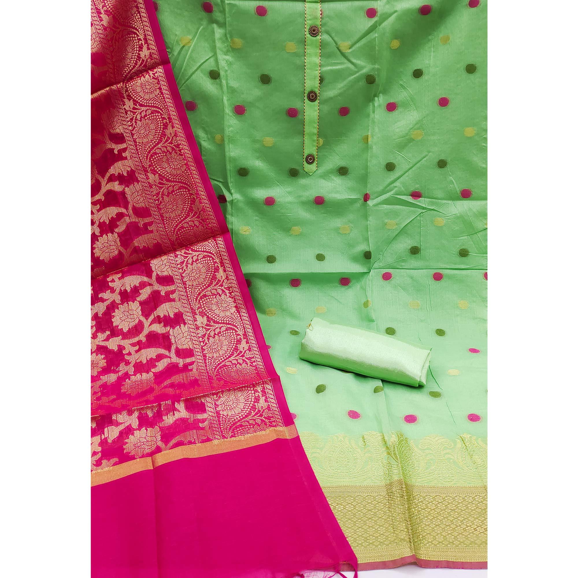 Green Woven Banarasi Silk Dress Material - Peachmode