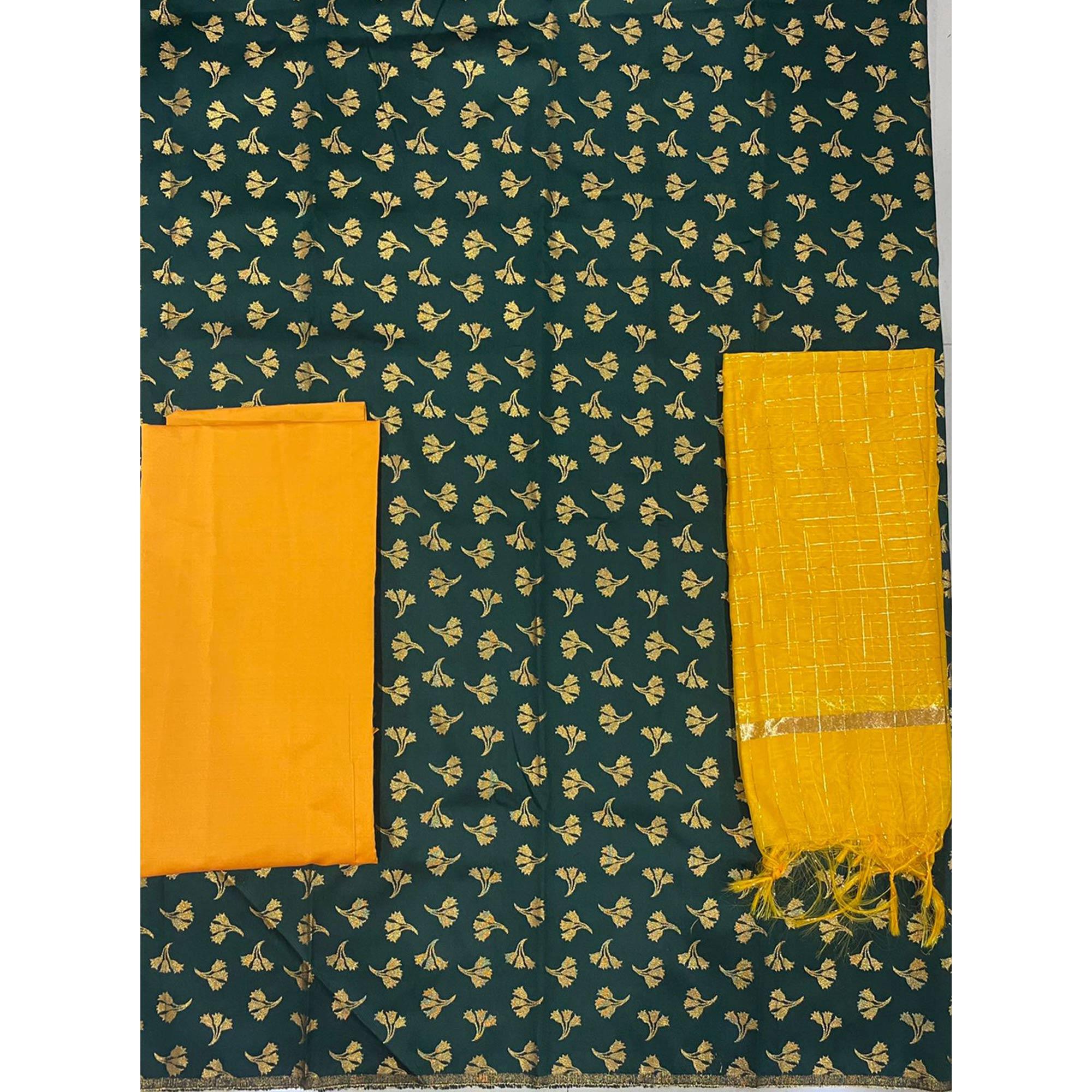 Green Woven Banarasi Silk Dress Material - Peachmode