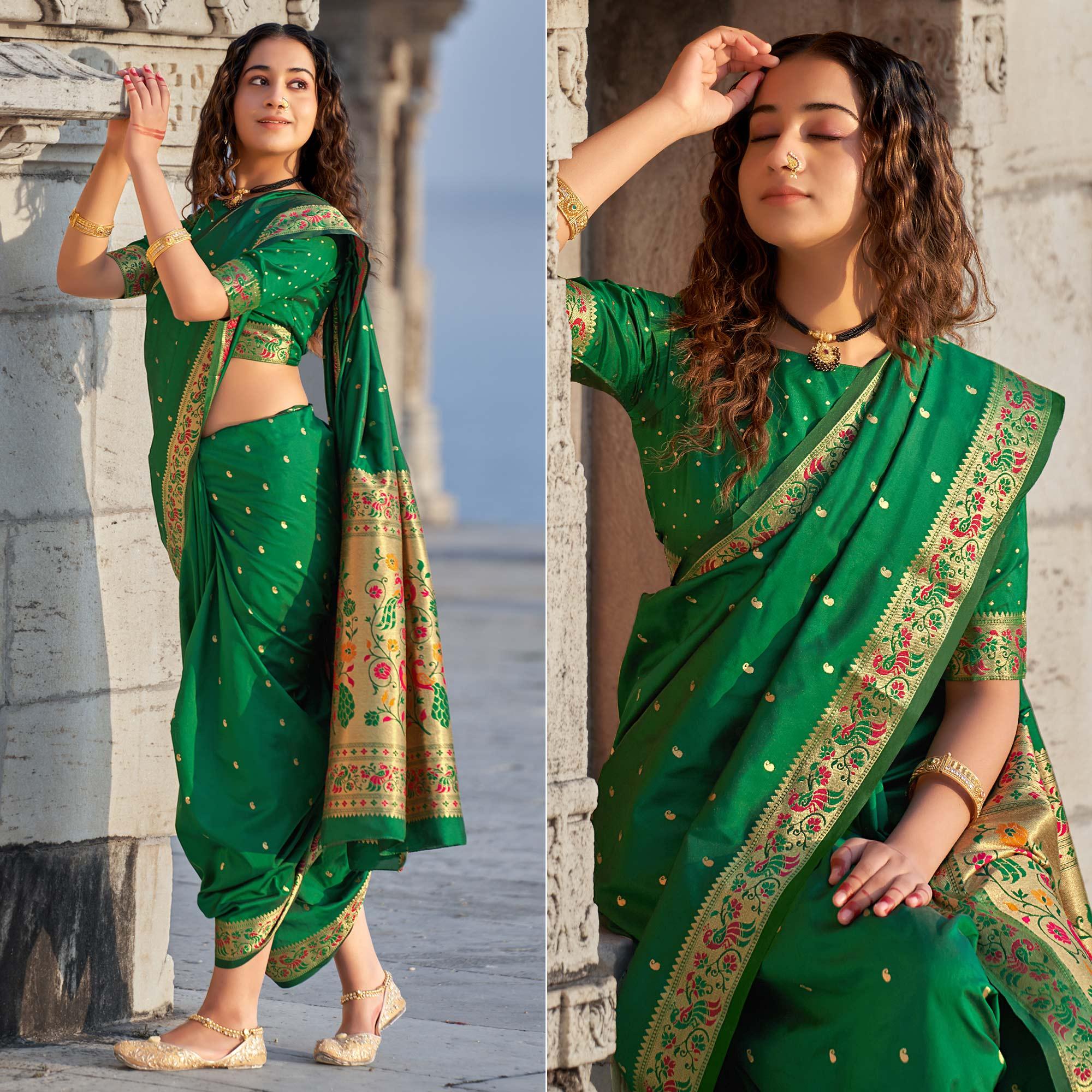 Green Woven Banarasi Silk Paithani Saree - Peachmode