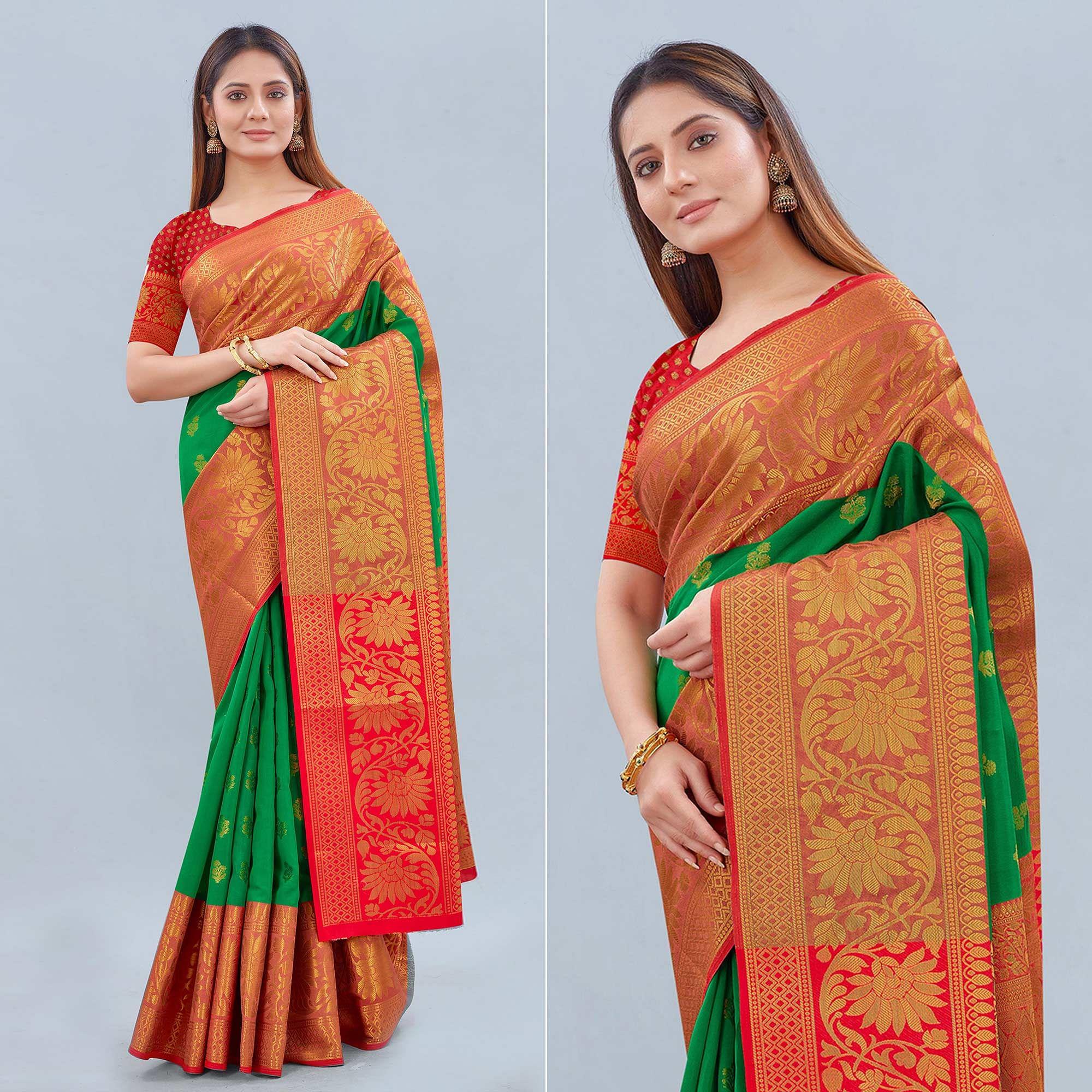 Green Woven Banarasi Silk Saree - Peachmode