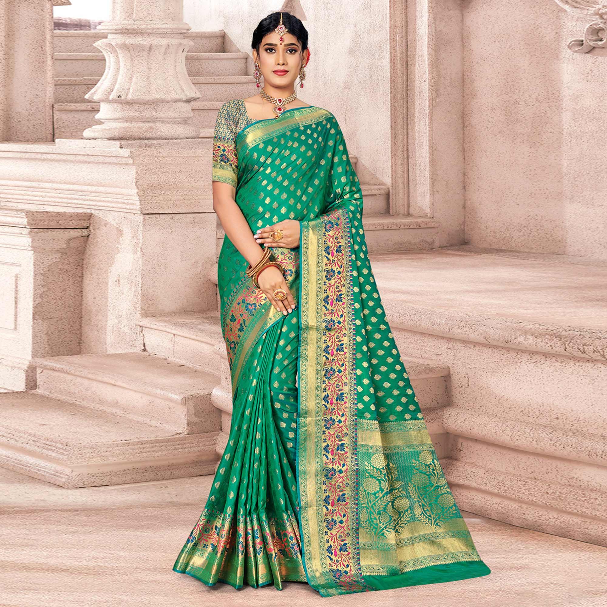 Green Woven Banarasi Silk Saree - Peachmode