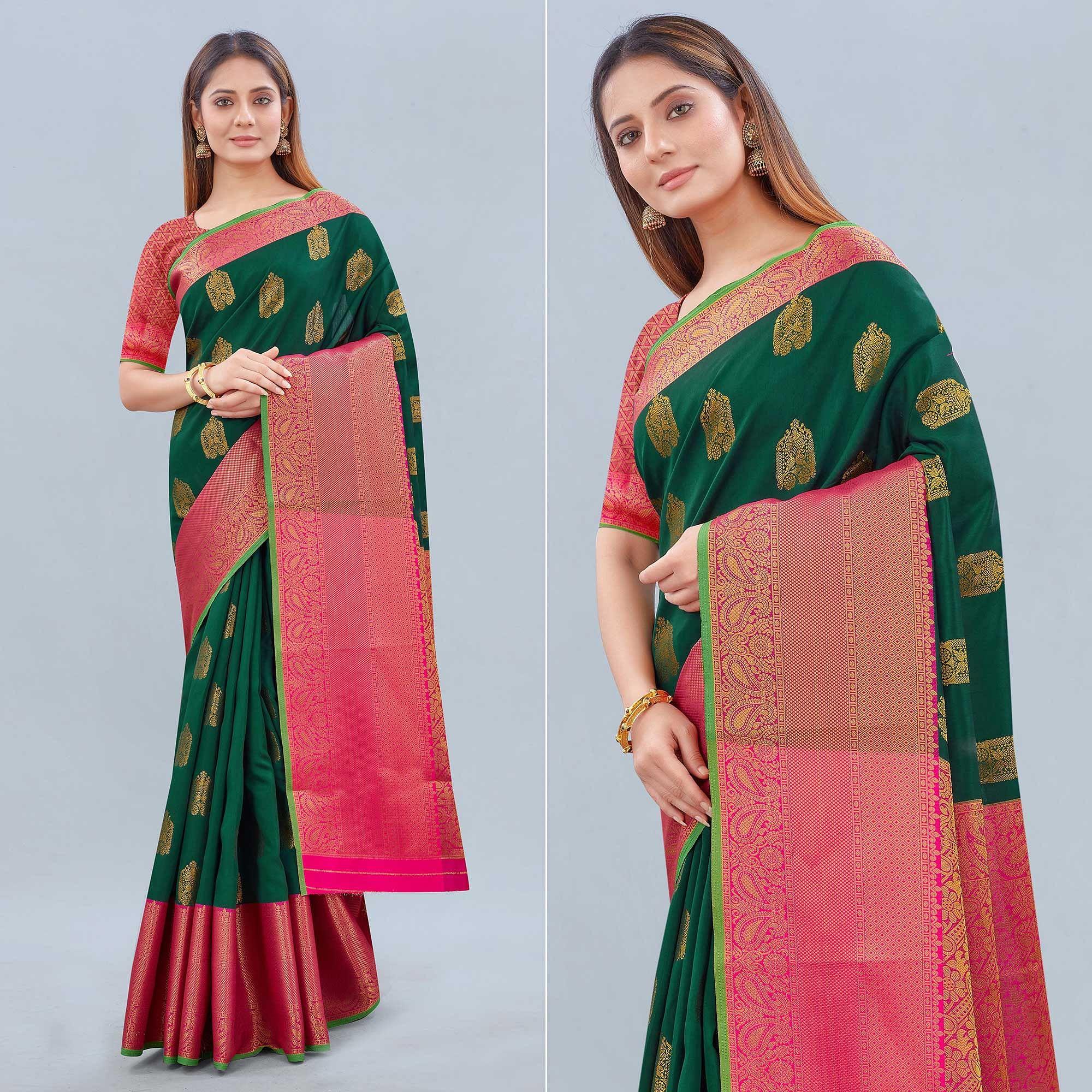 Green Woven Banarasi Silk Saree - Peachmode