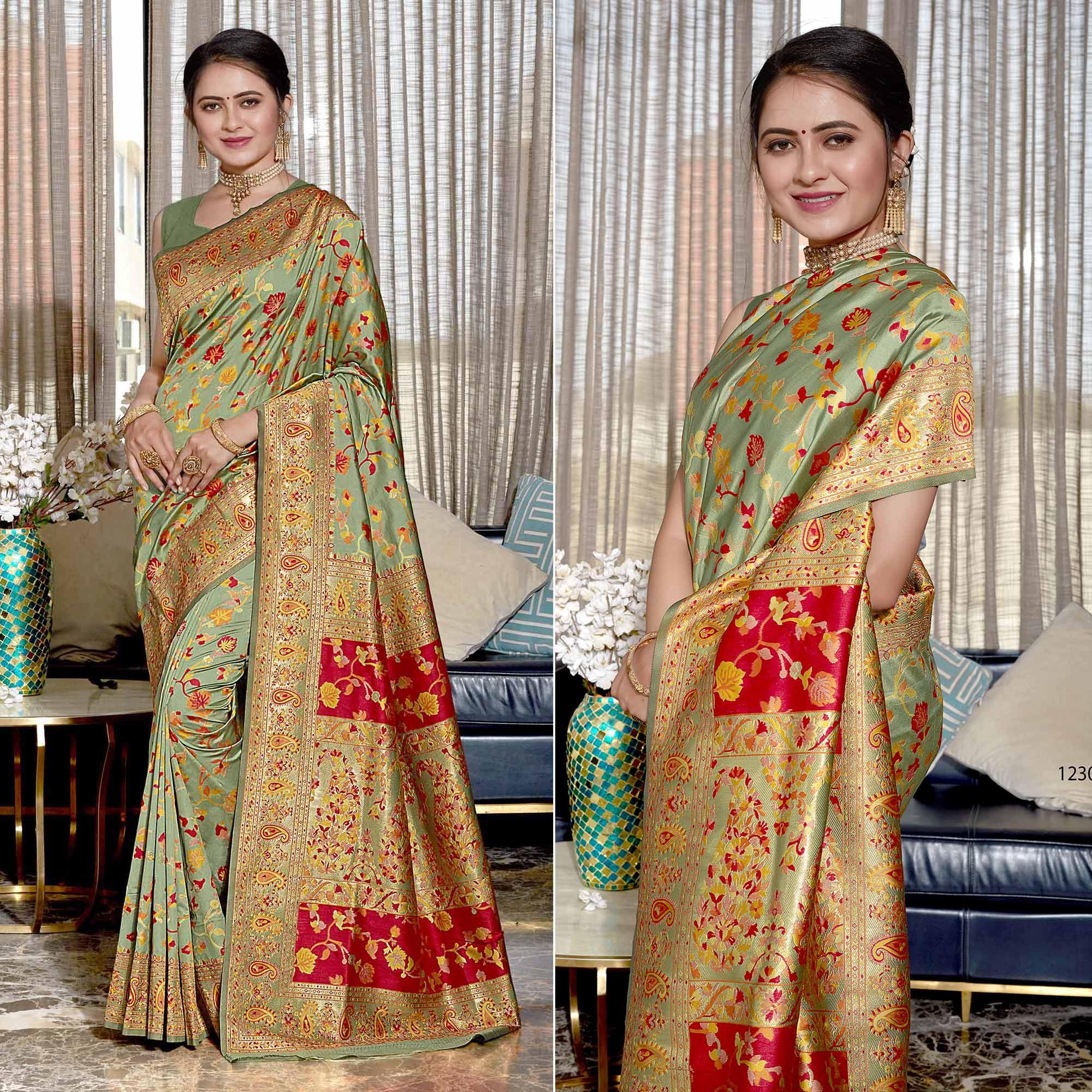 Green Woven Banarasi Silk Saree - Peachmode