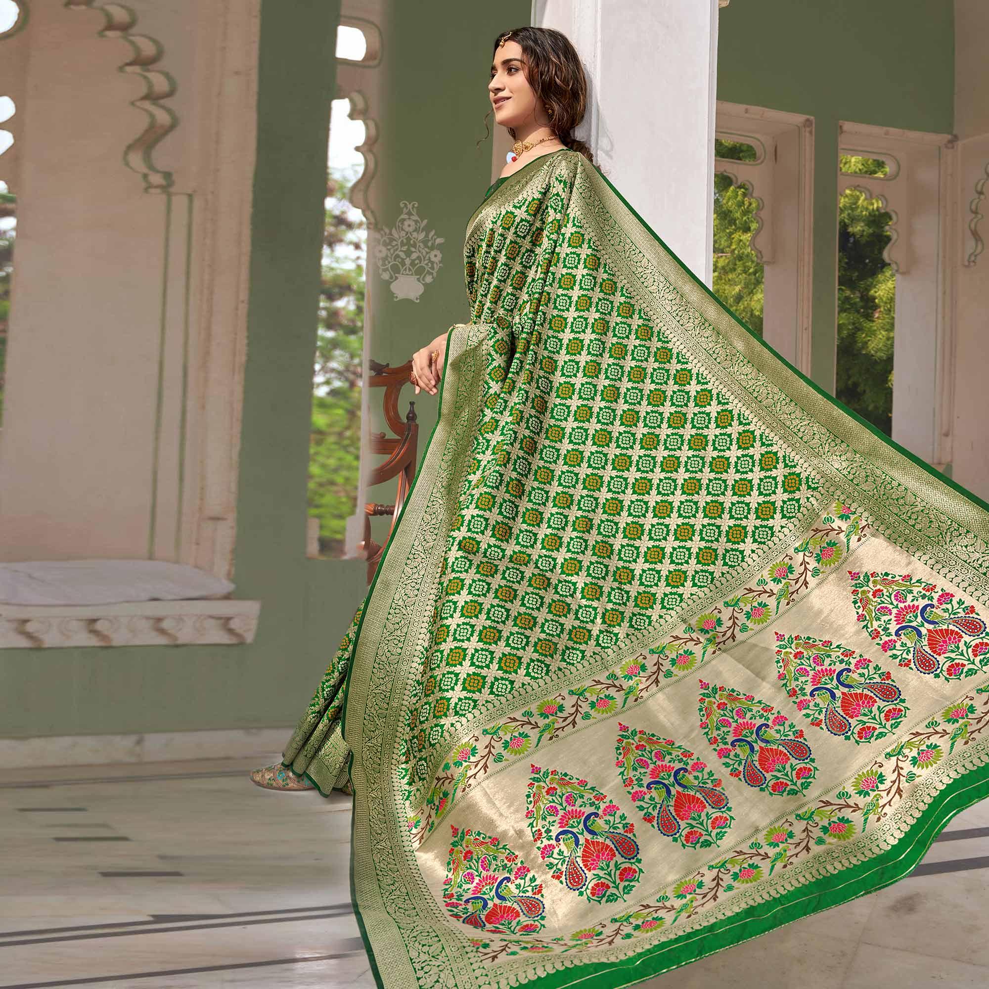 Green Woven Banarasi Silk Saree - Peachmode