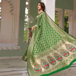 Green Woven Banarasi Silk Saree - Peachmode