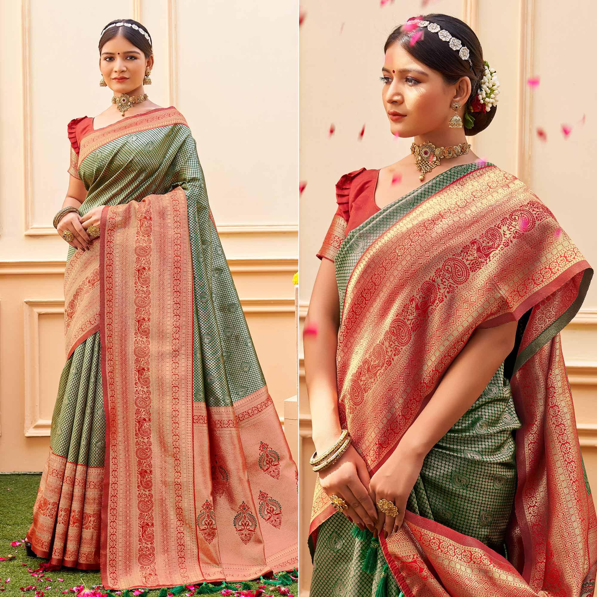 Green Woven Banarasi Silk Saree - Peachmode