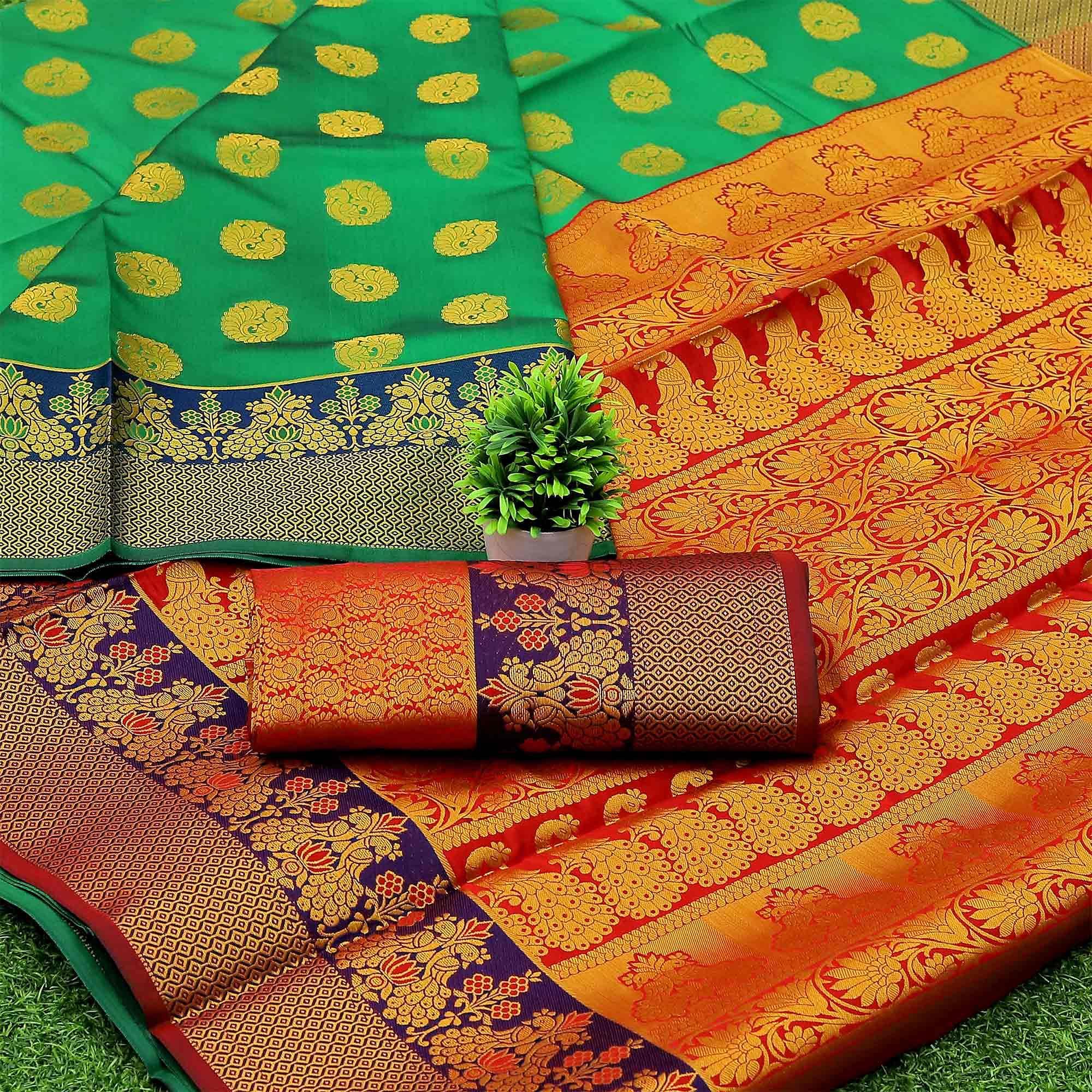 Green Woven Banarasi Silk Saree - Peachmode