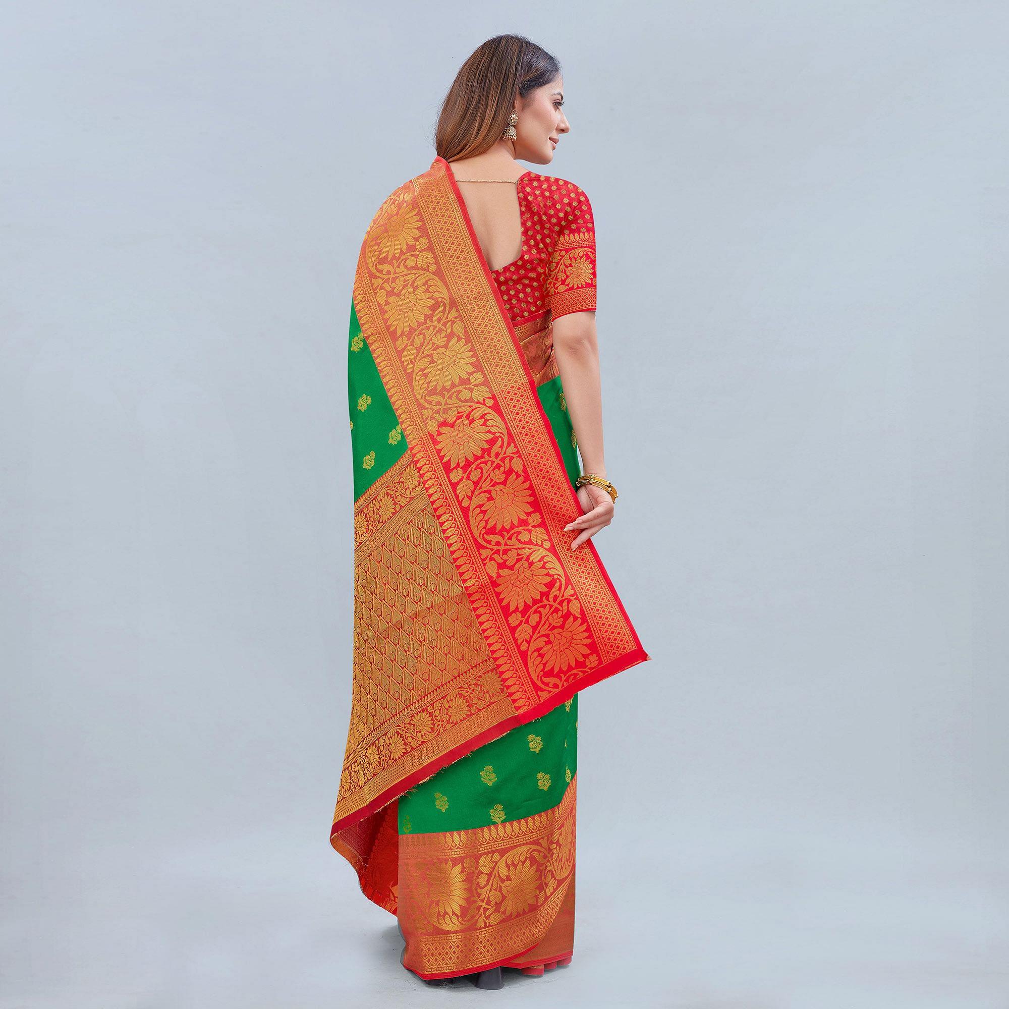 Green Woven Banarasi Silk Saree - Peachmode