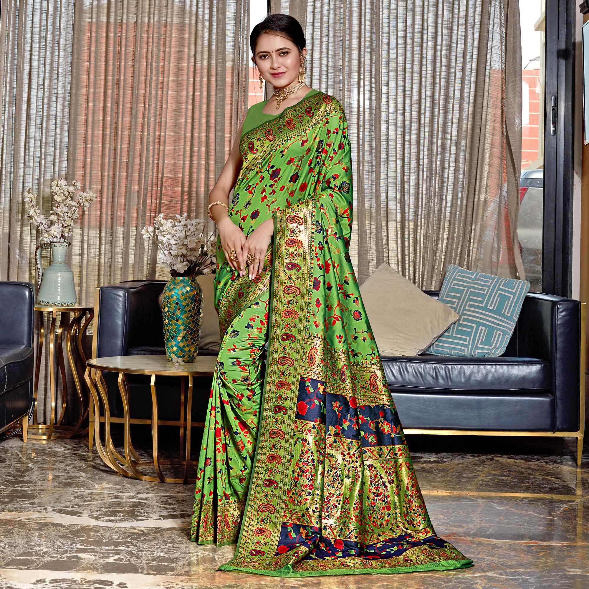 Green Woven Banarasi Silk Saree - Peachmode