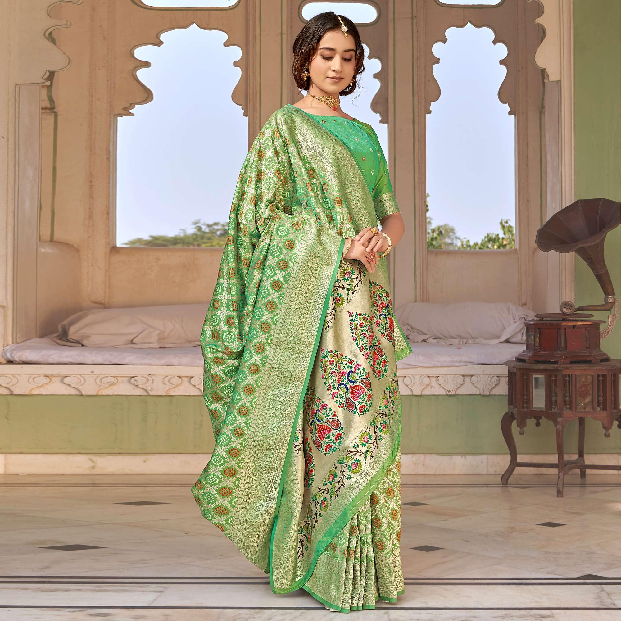 Green Woven Banarasi Silk Saree - Peachmode