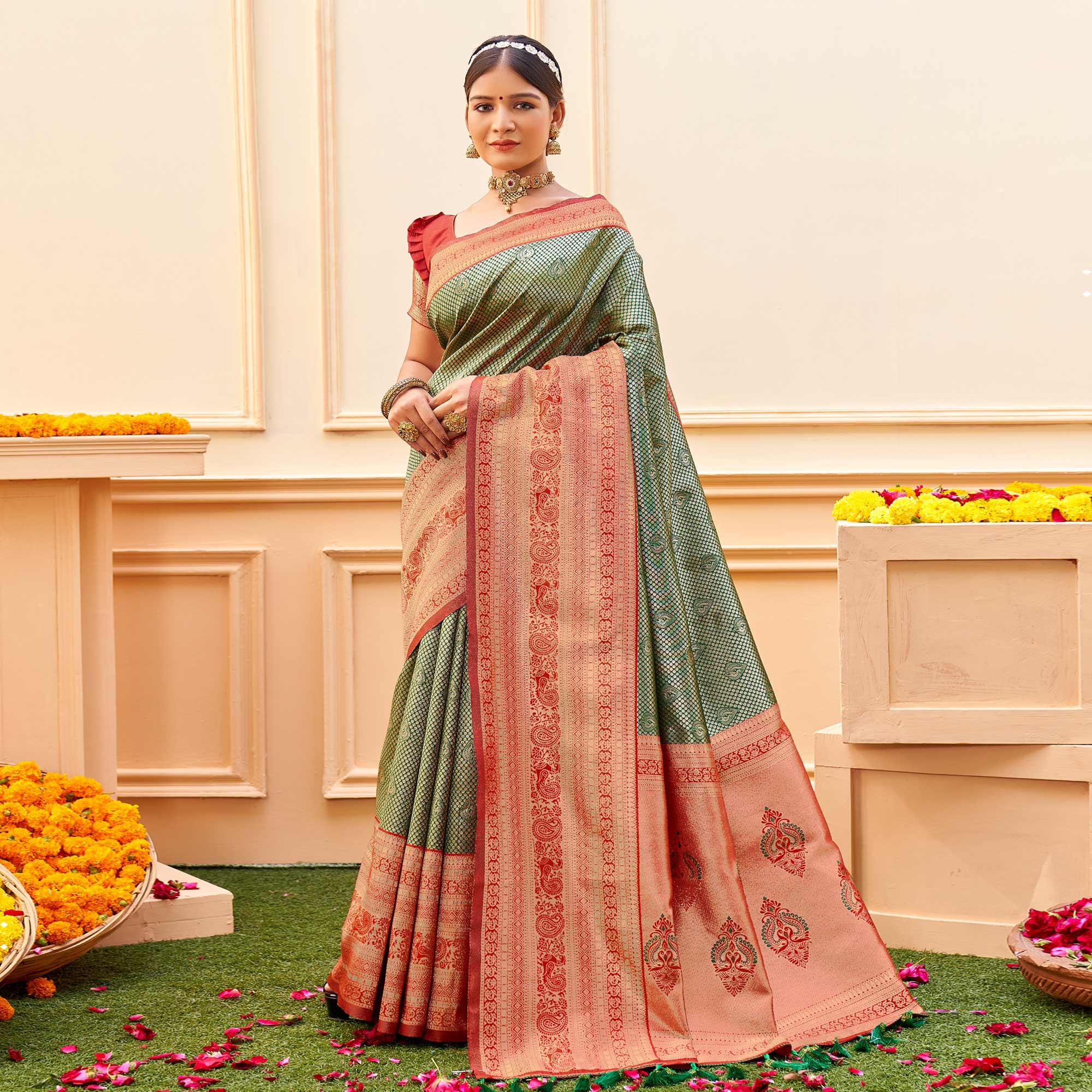 Green Woven Banarasi Silk Saree - Peachmode