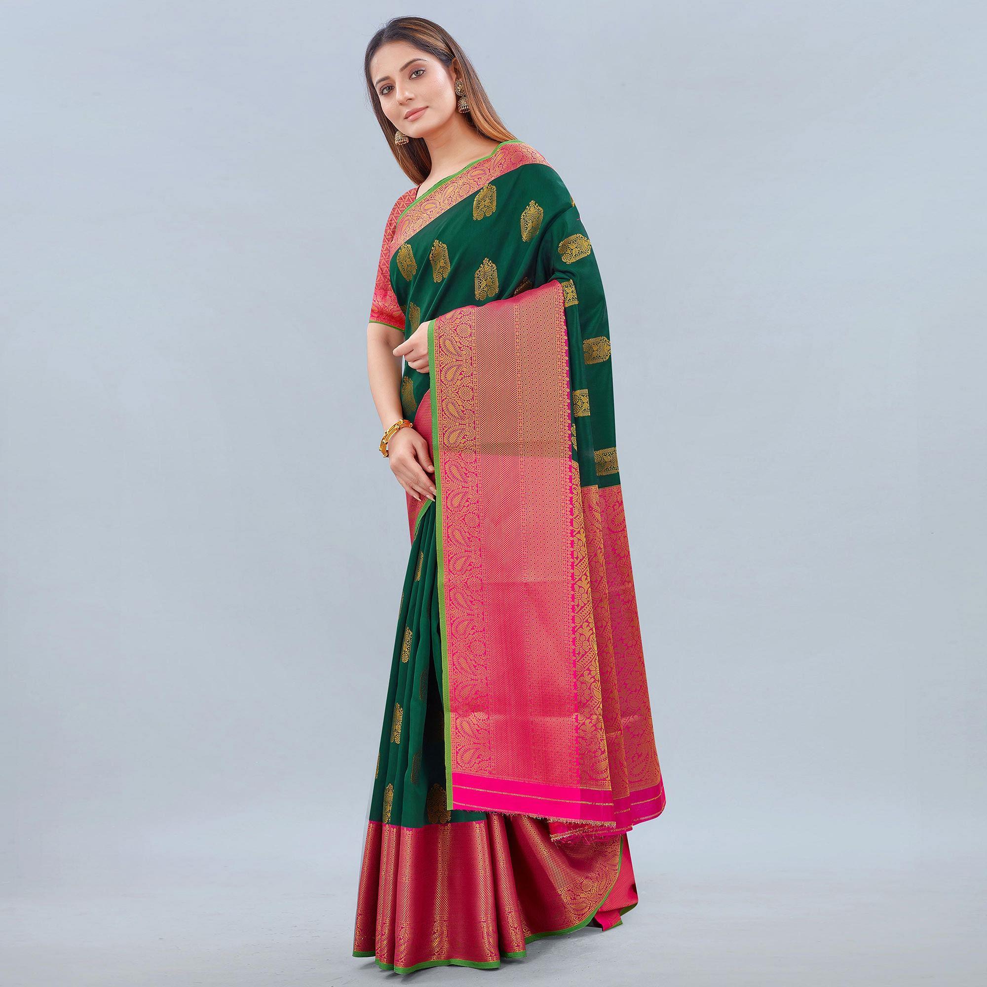 Green Woven Banarasi Silk Saree - Peachmode