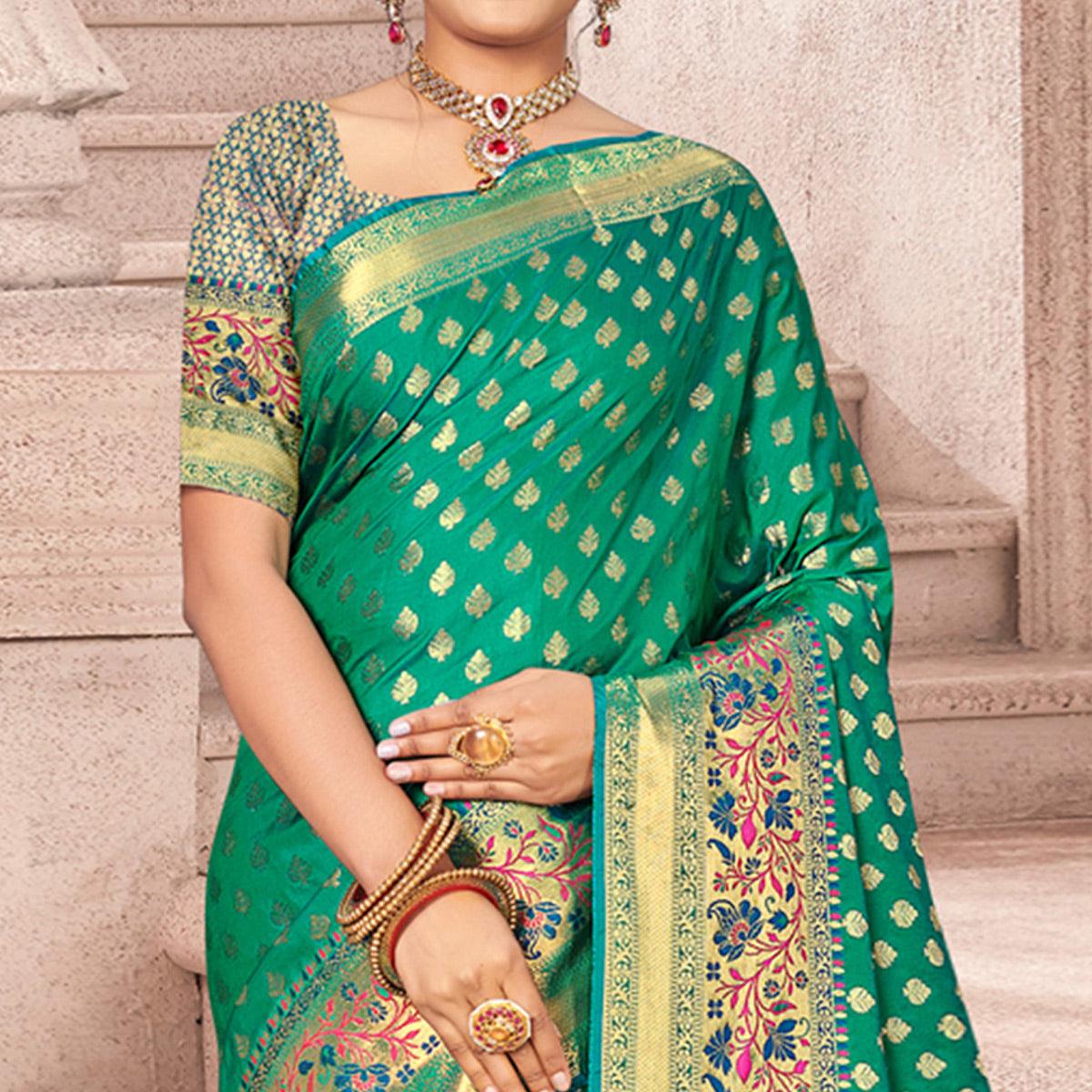 Green Woven Banarasi Silk Saree - Peachmode