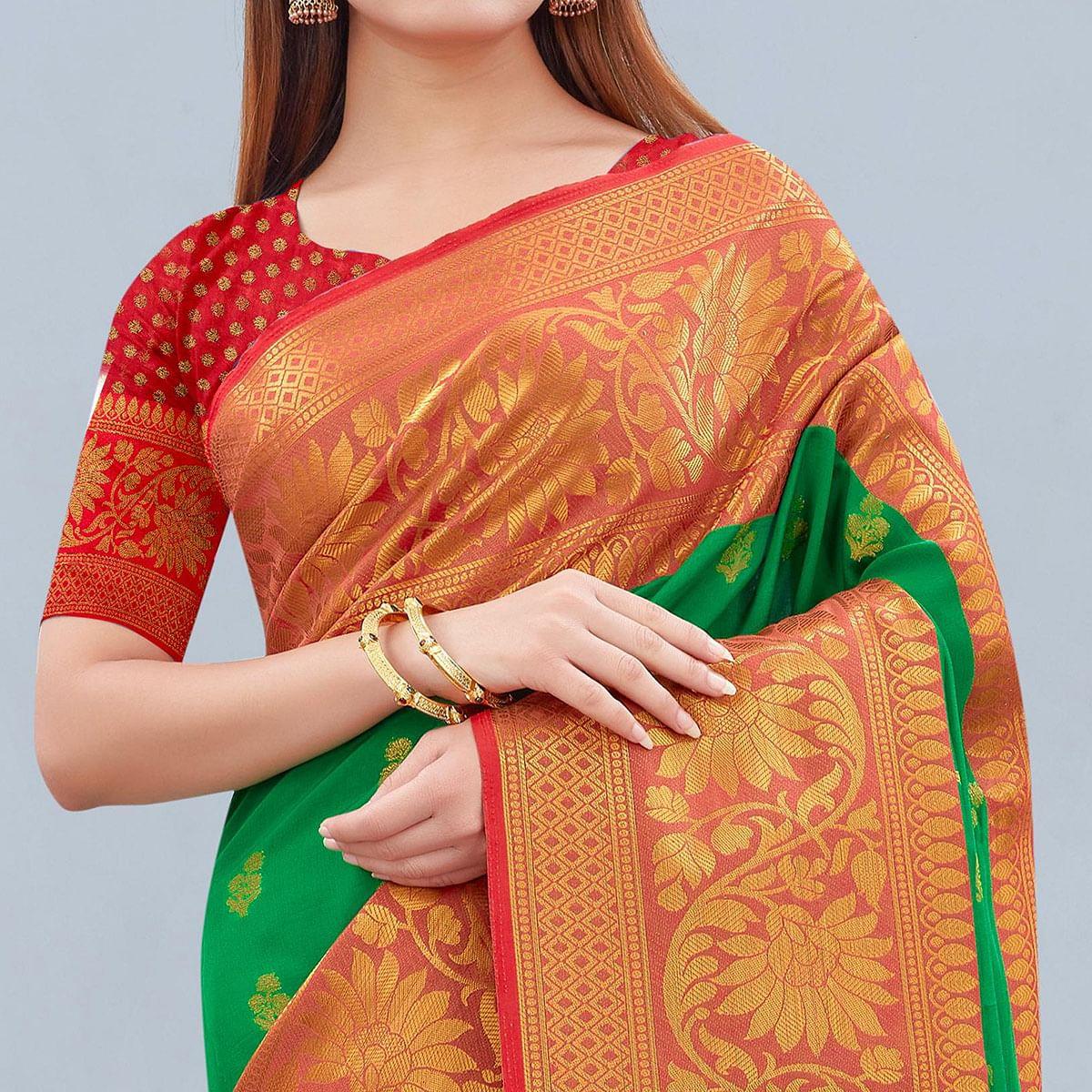 Green Woven Banarasi Silk Saree - Peachmode