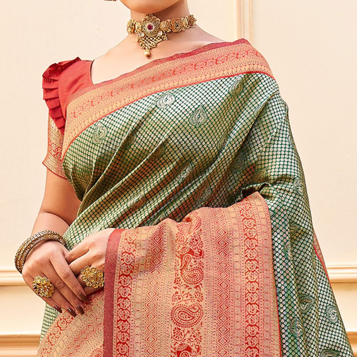 Green Woven Banarasi Silk Saree - Peachmode