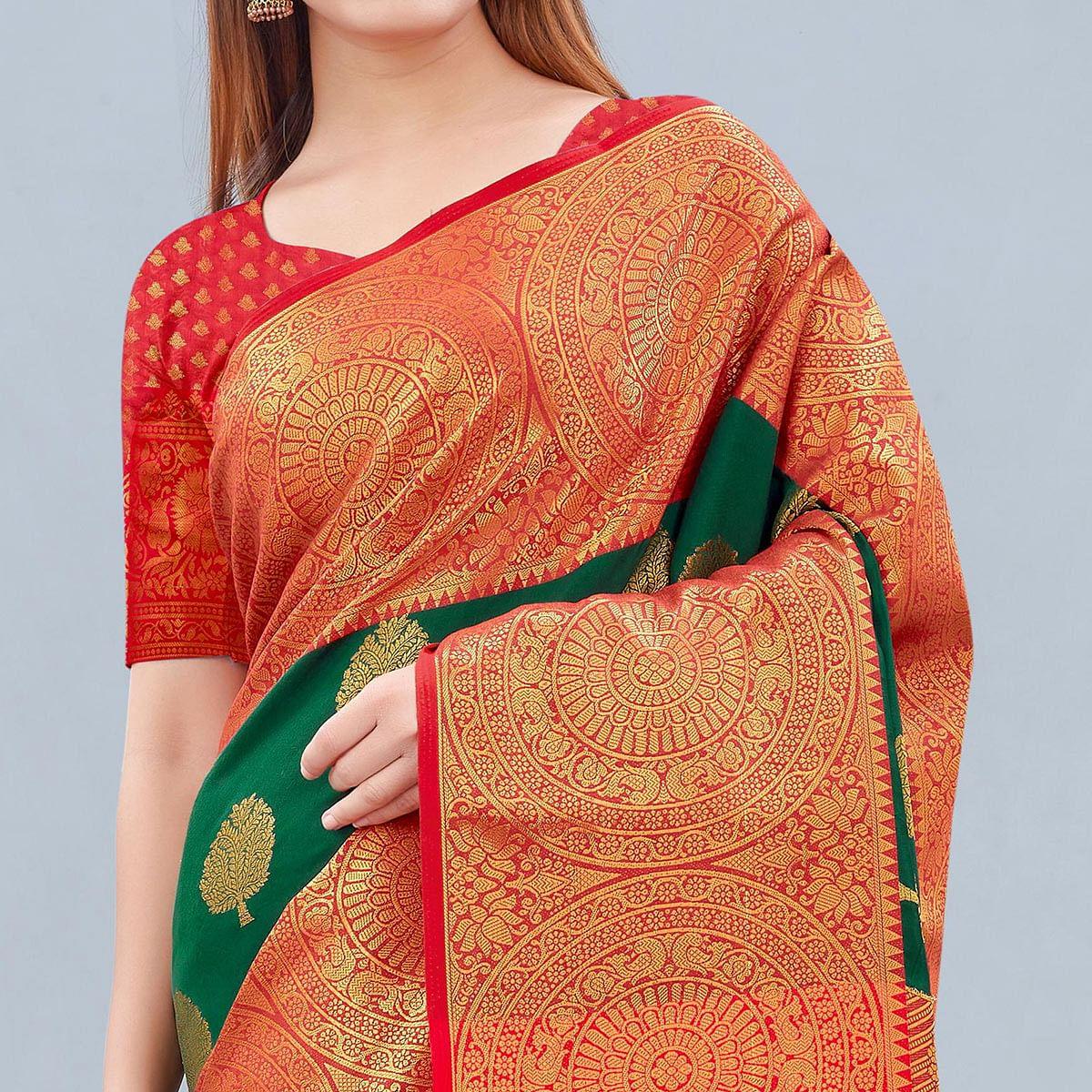 Green Woven Banarasi Silk Saree - Peachmode