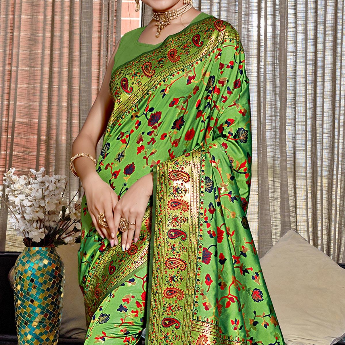 Green Woven Banarasi Silk Saree - Peachmode