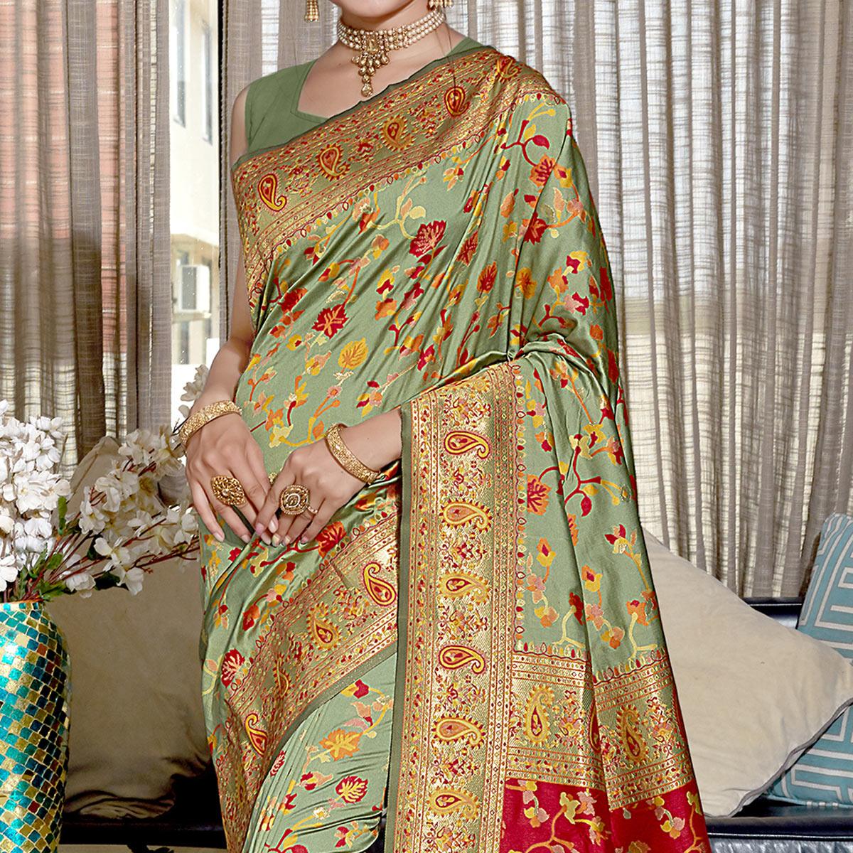 Green Woven Banarasi Silk Saree - Peachmode