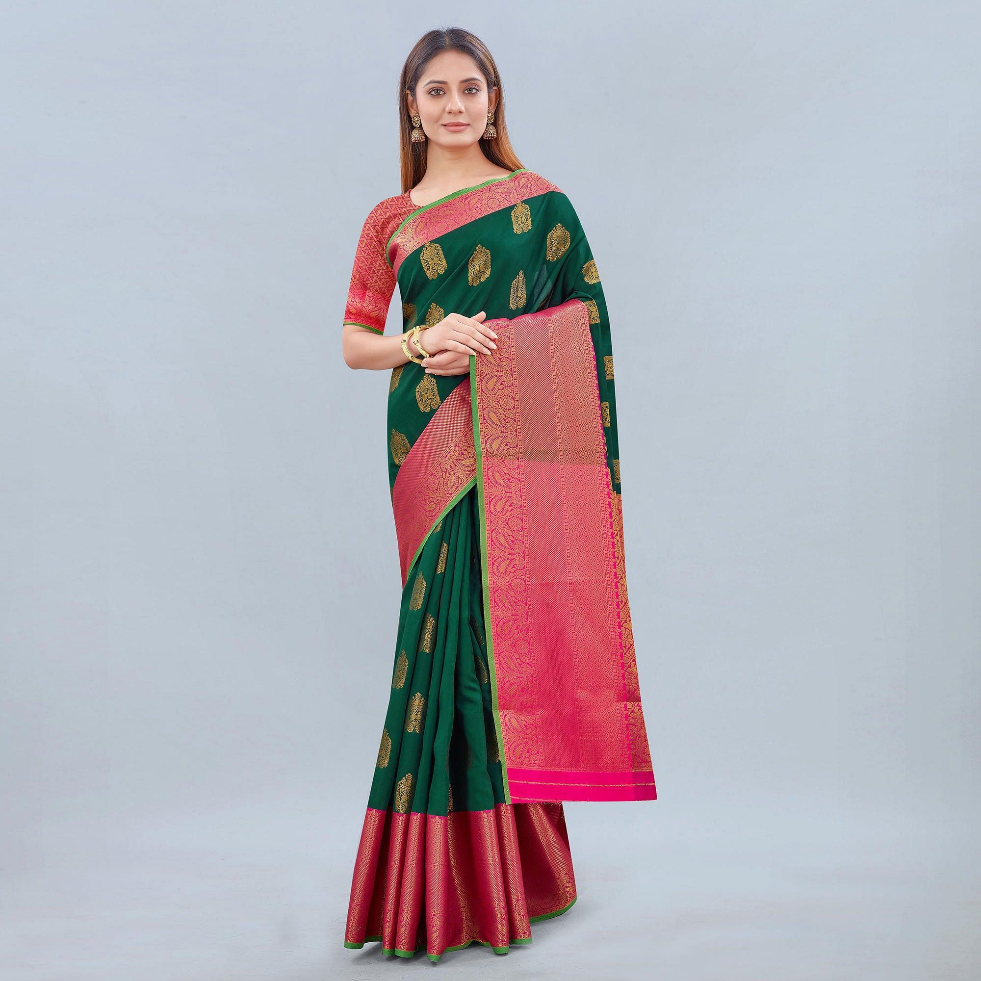 Green Woven Banarasi Silk Saree - Peachmode