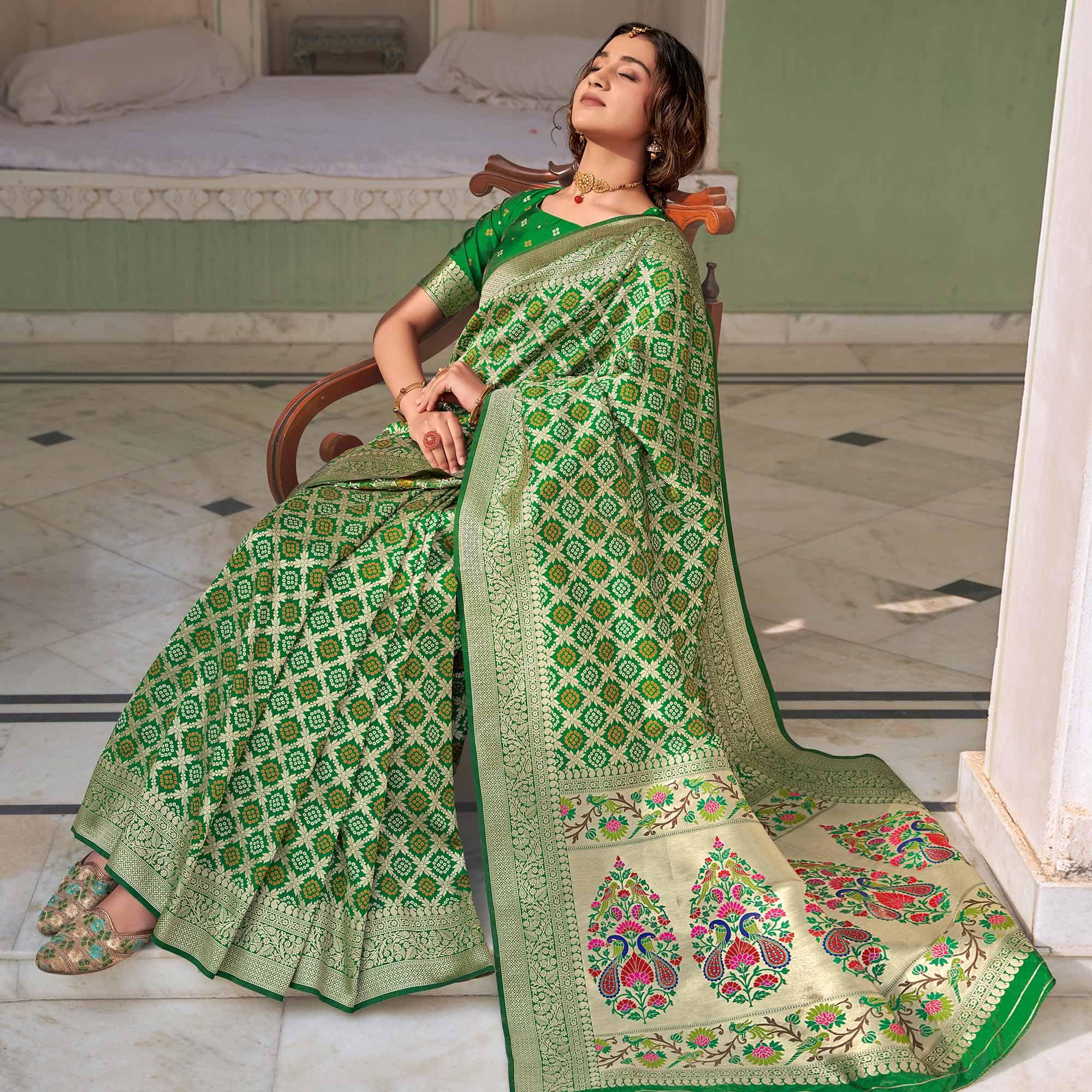 Green Woven Banarasi Silk Saree - Peachmode