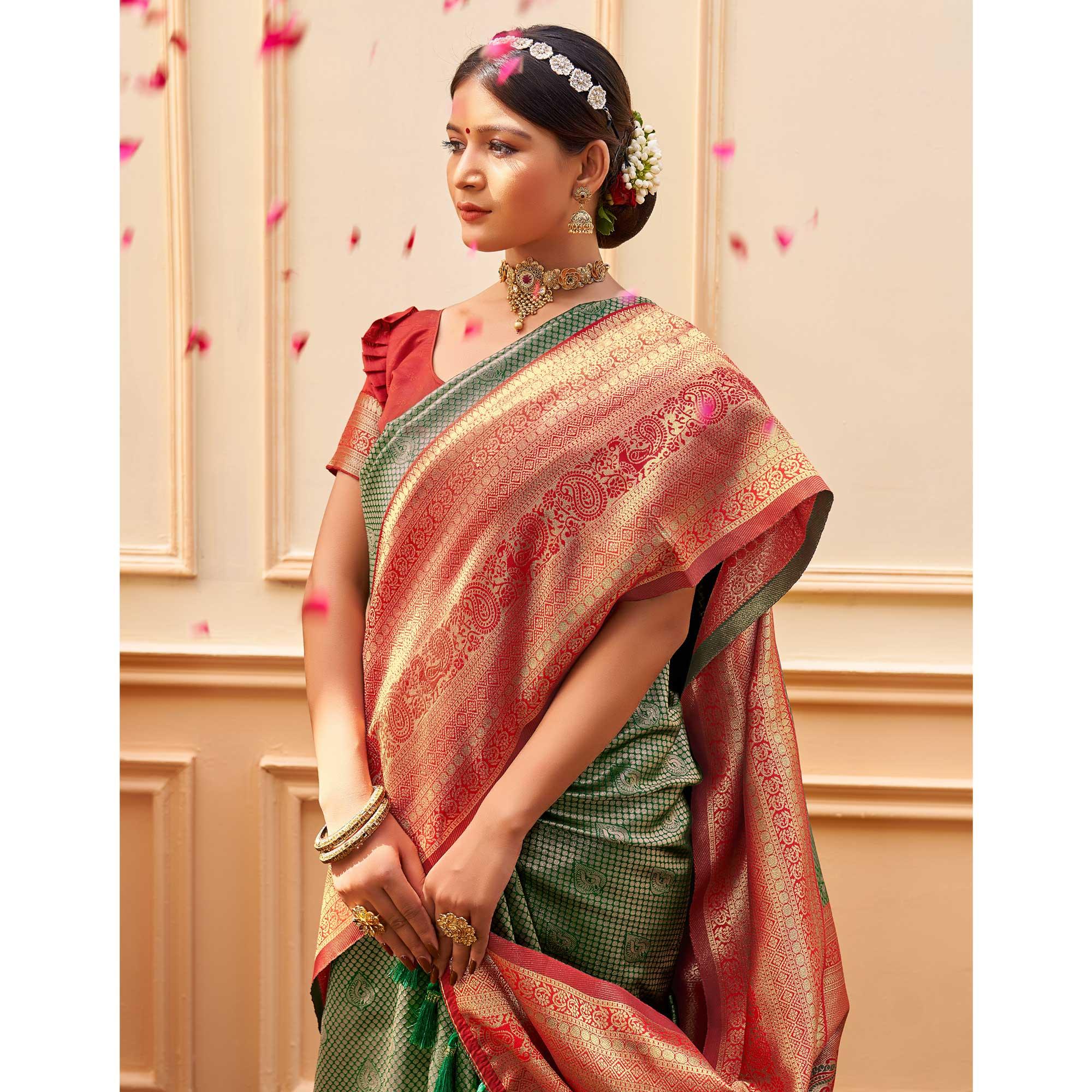 Green Woven Banarasi Silk Saree - Peachmode