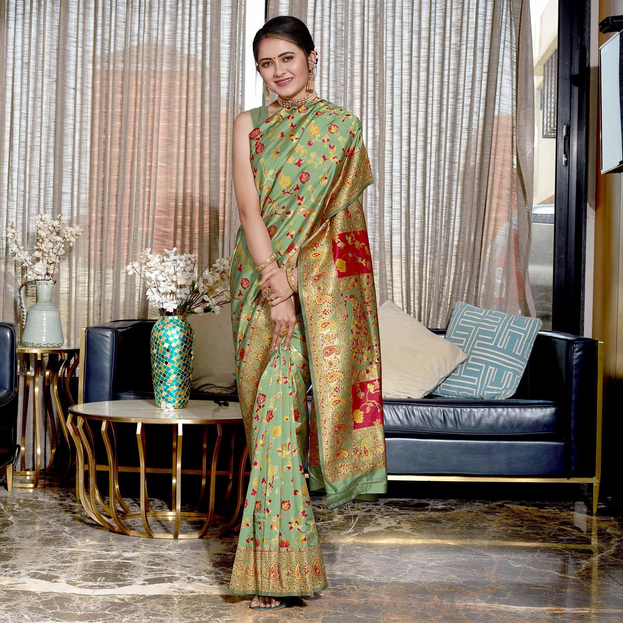 Green Woven Banarasi Silk Saree - Peachmode