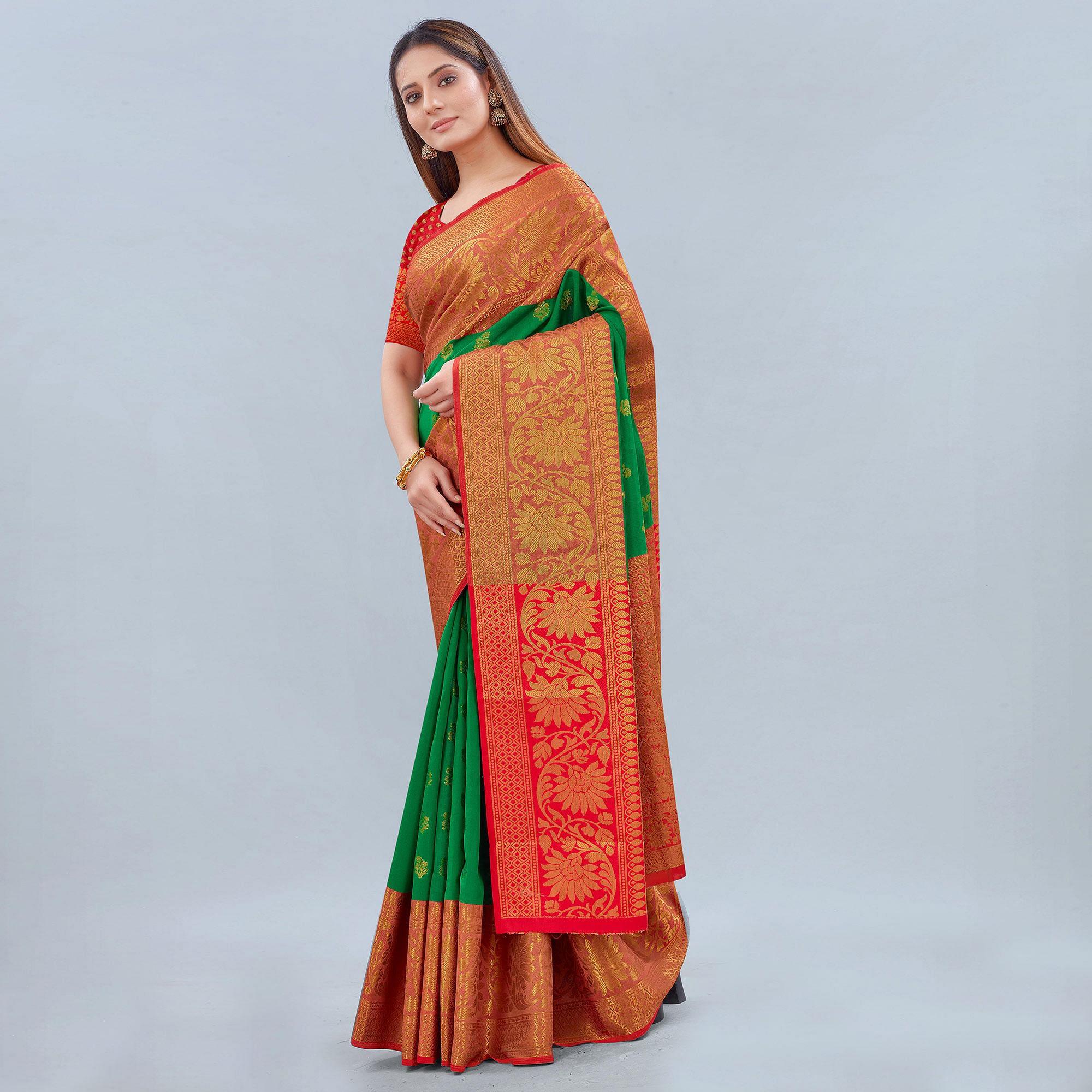 Green Woven Banarasi Silk Saree - Peachmode