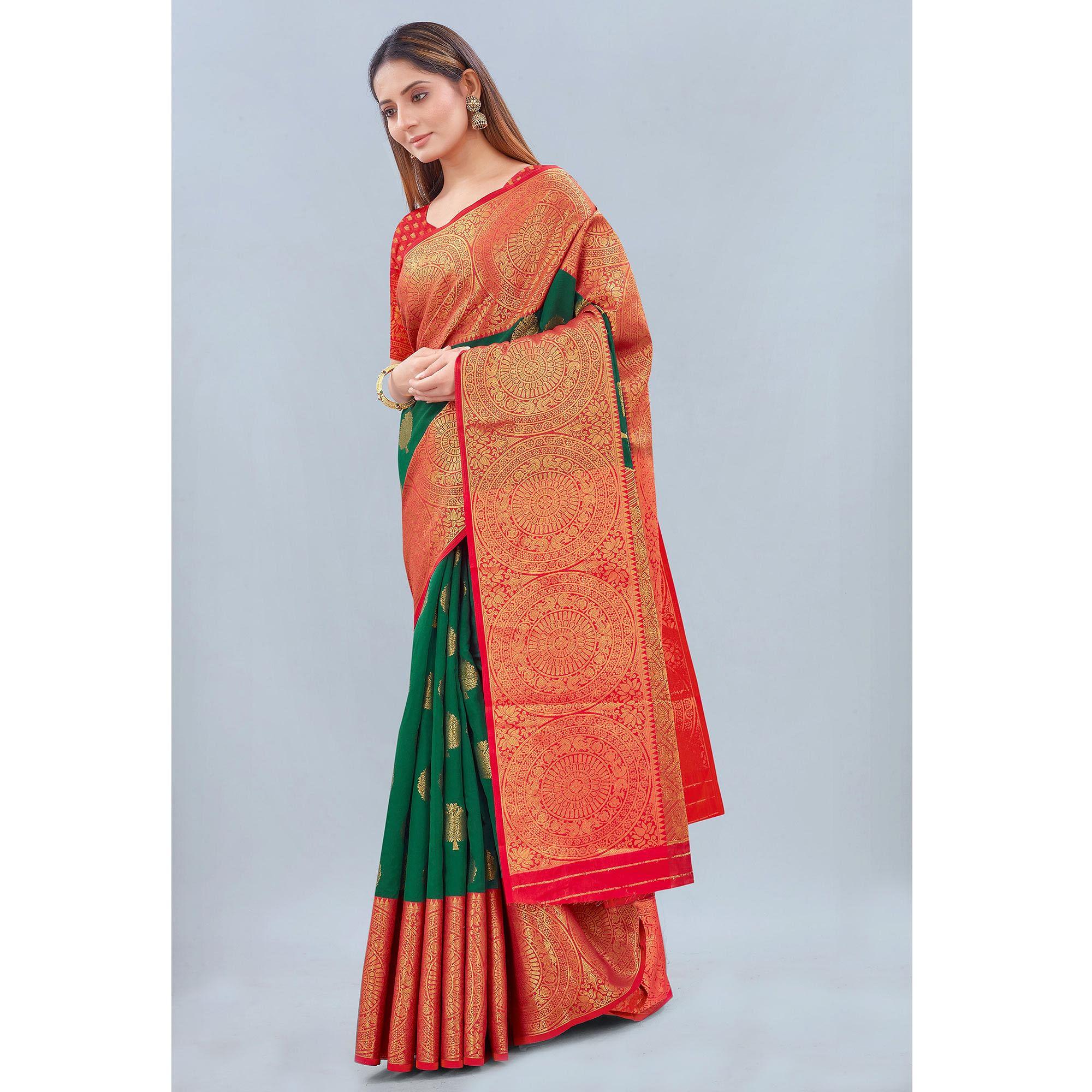 Green Woven Banarasi Silk Saree - Peachmode
