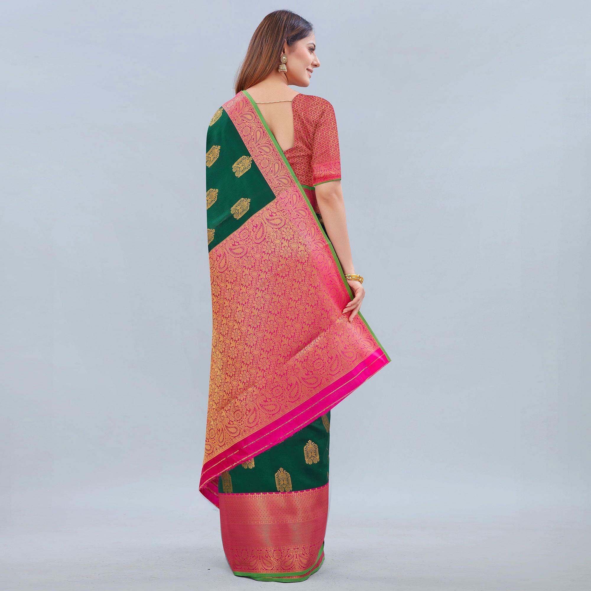 Green Woven Banarasi Silk Saree - Peachmode