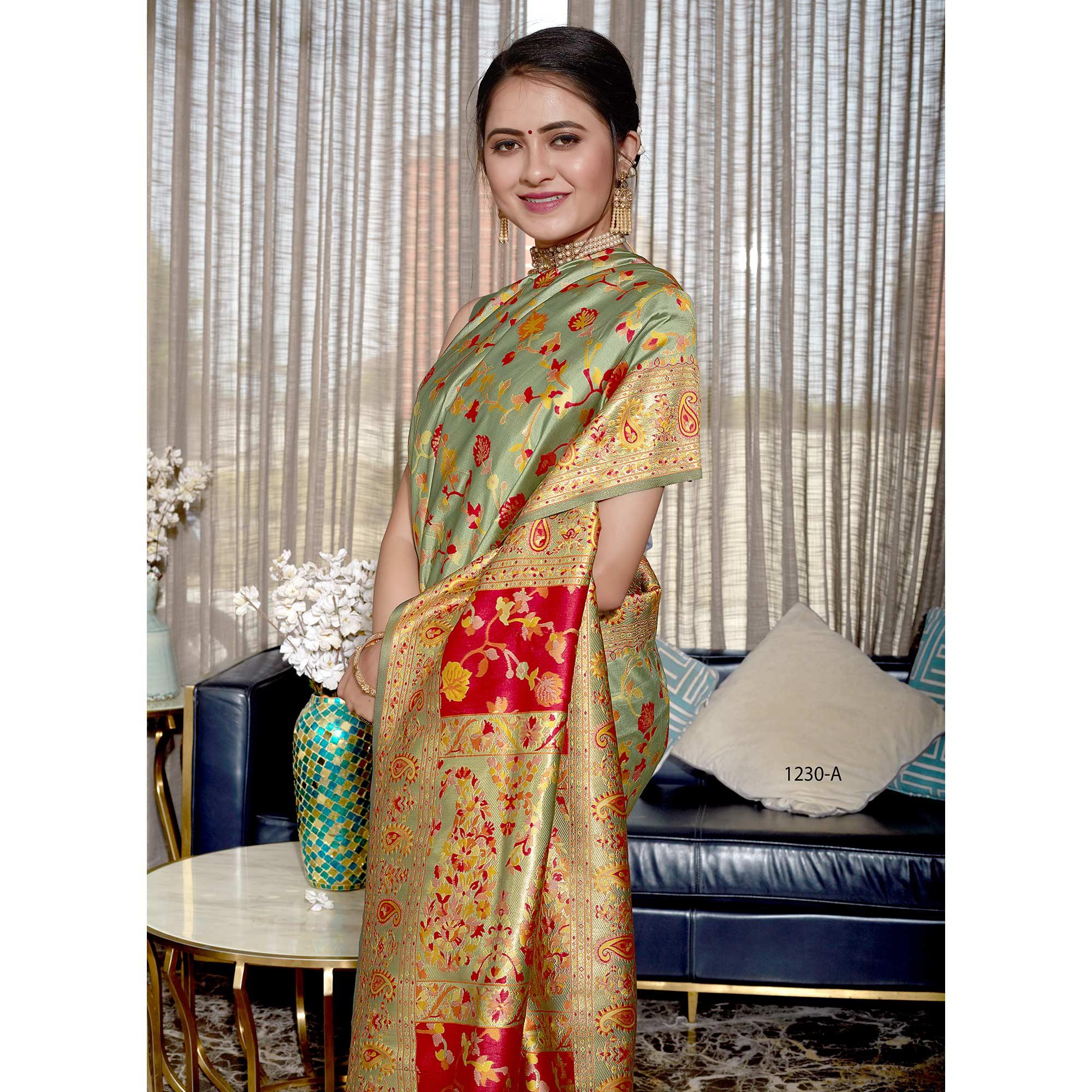 Green Woven Banarasi Silk Saree - Peachmode