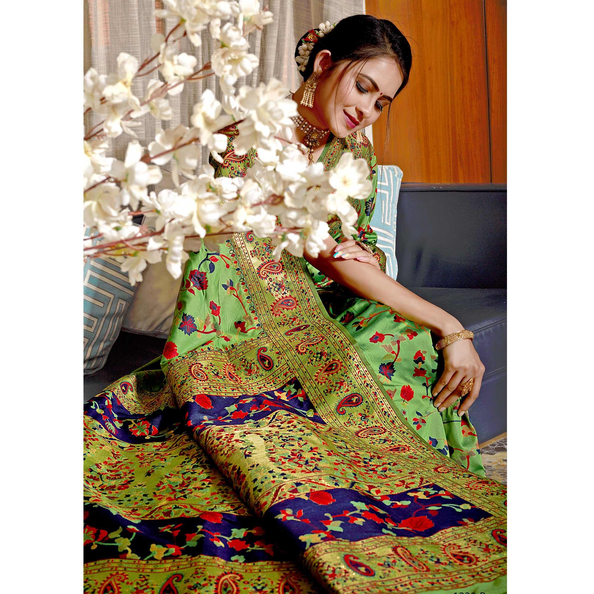 Green Woven Banarasi Silk Saree - Peachmode