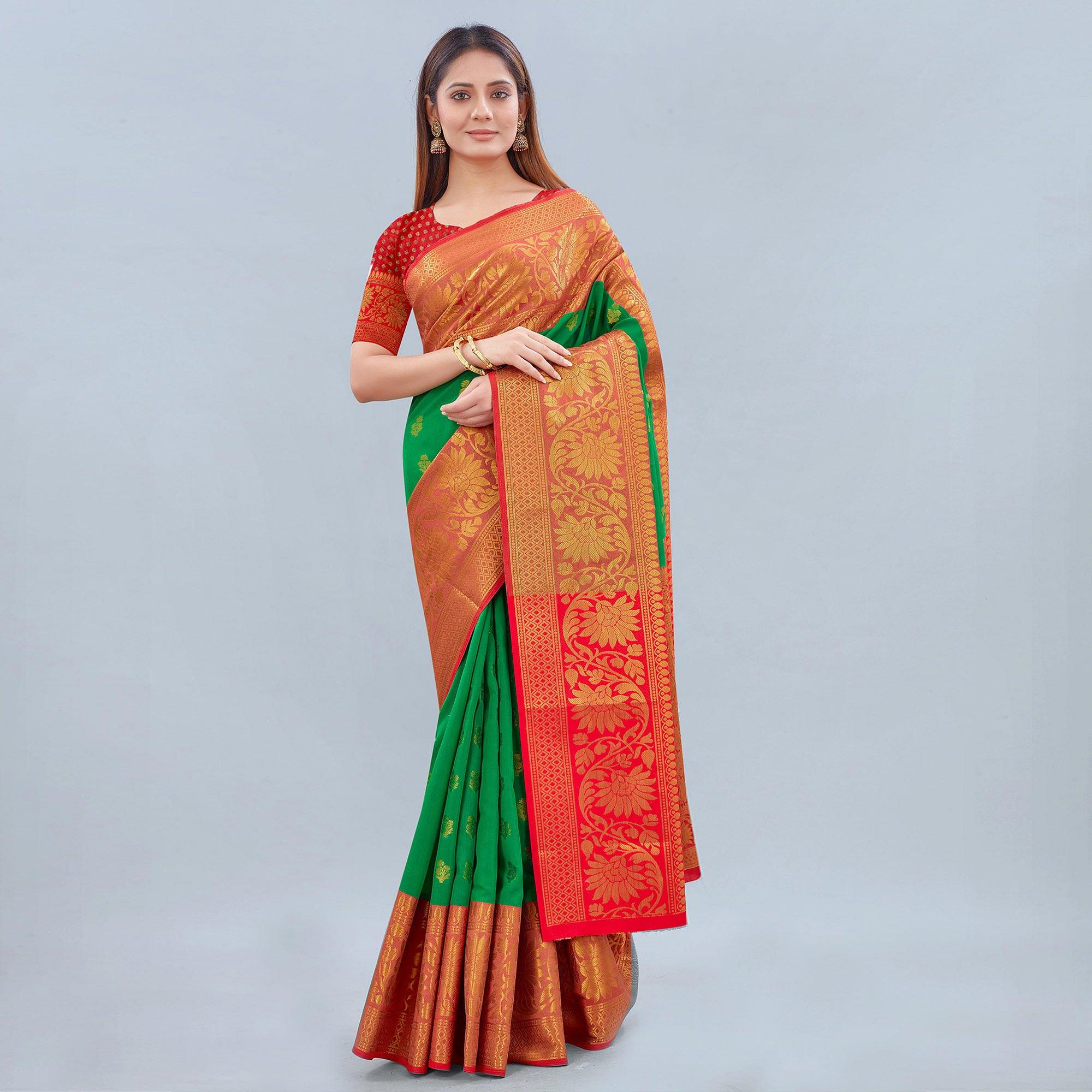 Green Woven Banarasi Silk Saree - Peachmode
